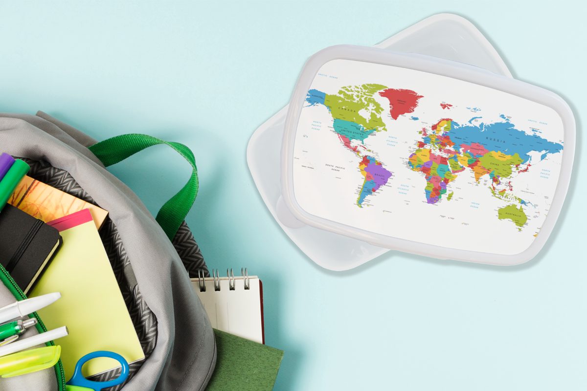 Lunchbox Brotdose, Weltkarte Brotbox und - Einfach für und Jungs für Topographie, Kunststoff, weiß Kinder (2-tlg), MuchoWow Erwachsene, - Mädchen