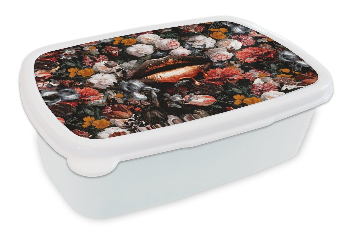 MuchoWow Lunchbox Lippen - Blumen - Farbe - Orange - Kunst - Abstrakt - Alte Meister, Kunststoff, (2-tlg), Brotbox für Kinder und Erwachsene, Brotdose, für Jungs und Mädchen weiß