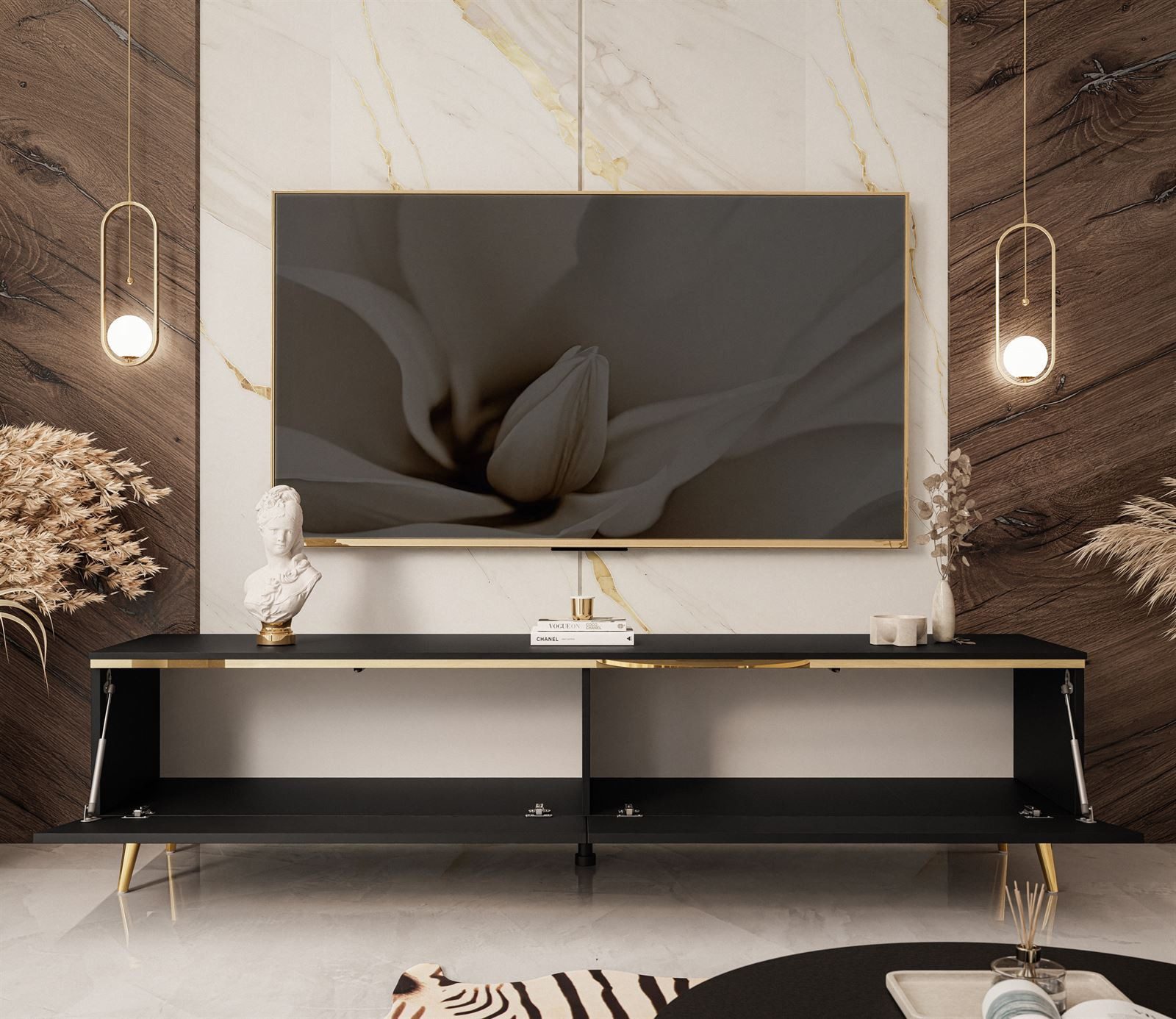 ALLHOUSE24 TV-Schrank PEONY Weiß/Schwarz/Kaschmir, hängend oder mit goldenen Beinen (1x TV Schrank) Breite 180 cm