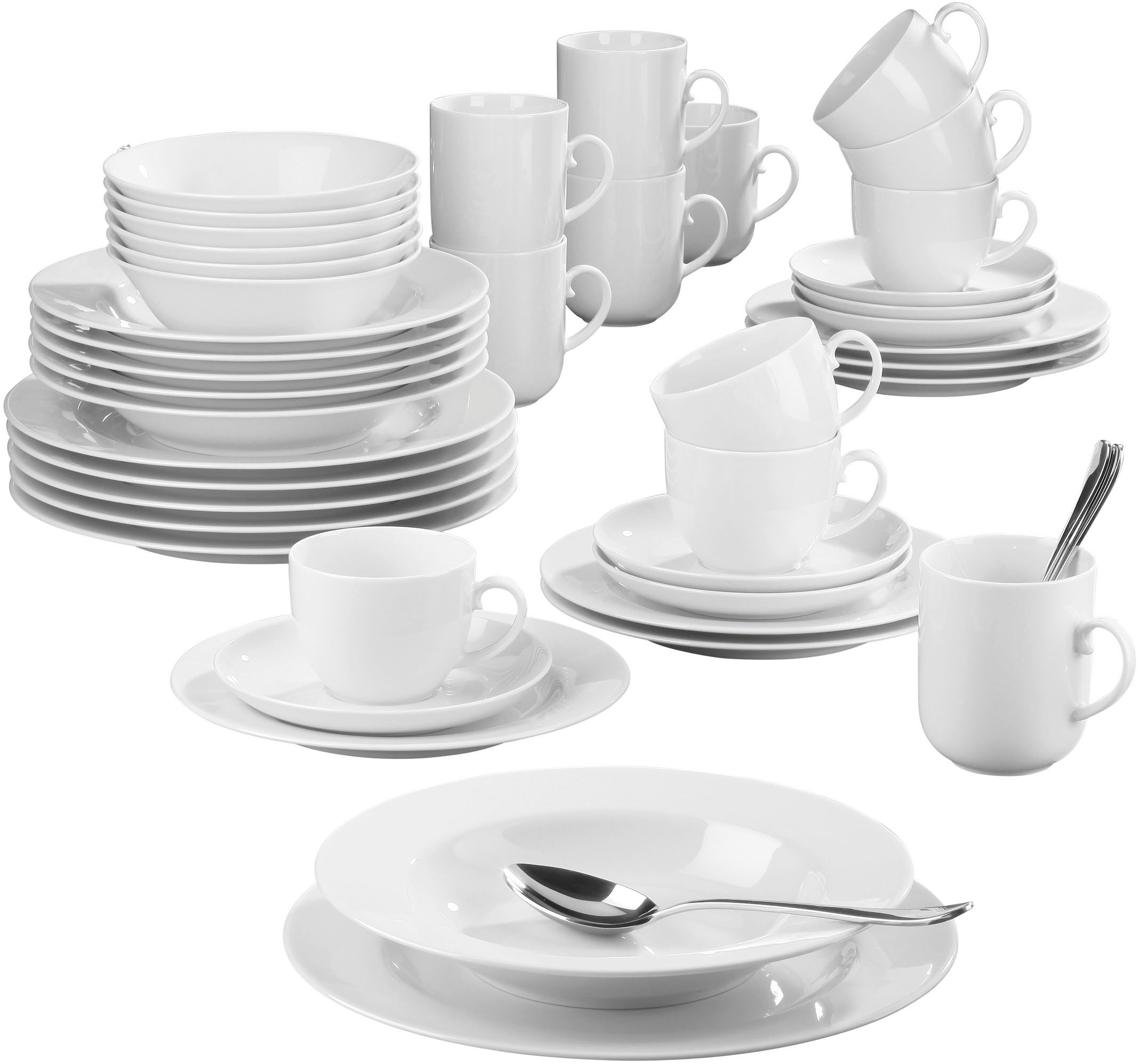 Seltmann Weiden Kombiservice Geschirr-Set, 42 Teile, Rondo/Liane Weiß (42-tlg), 6 Personen, Porzellan, Geschirr, Service, Made in Germany, 42 Teile, für 6 Personen