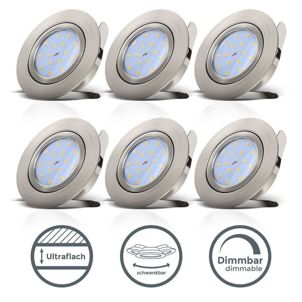 B.K.Licht LED Einbaustrahler 6er SET dimmbar Einbauleuchten 82mm ultra-flach schwenkbar 10-05-06-S, Dimmfunktion, LED wechselbar, Warmweiß, 3000K Einbauspots 5,5W 470lm Leuchtmittel matt-Nickel Wohnzimmer Küche
