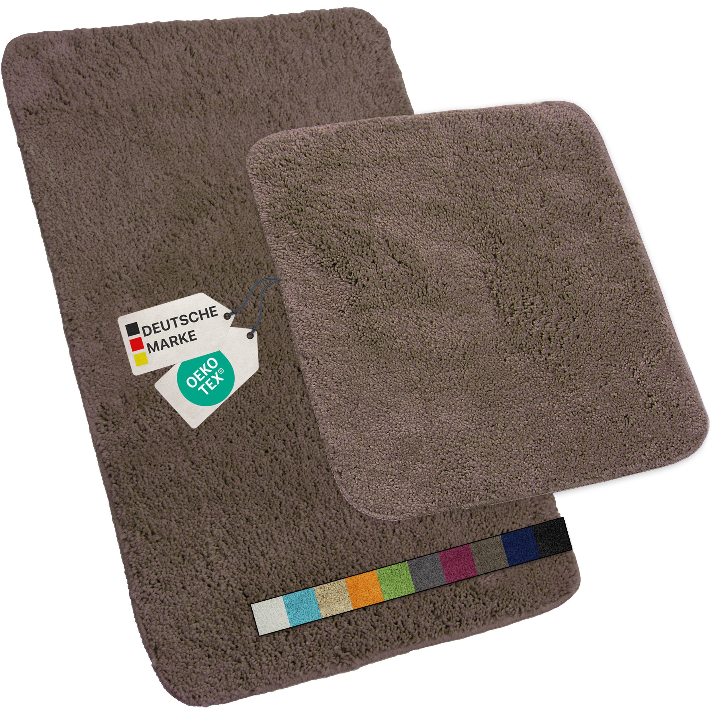NYVI Badematte Badematten Set 2 teilig NYVISpa Lasalle Taupe Badezimmerteppich Set, Höhe 20 mm, Polyester, Badematte 50x80cm + WC Vorleger ohne Ausschnitt, Rutschfest & Waschbar