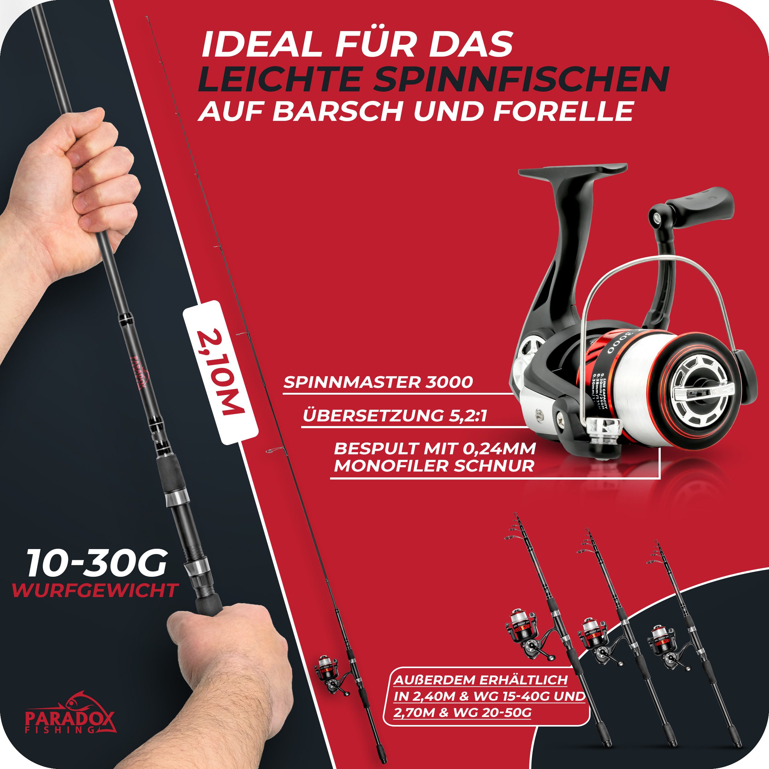 Paradox Fishing Spinnrute Komplett Angelset Teleskop + 3000 Angelrolle mit Schnur und Ködern, (2,10m 10-30g, 2,40m 15-40g, 2,70m 20-50g), inkl. Transporttasche Köderset