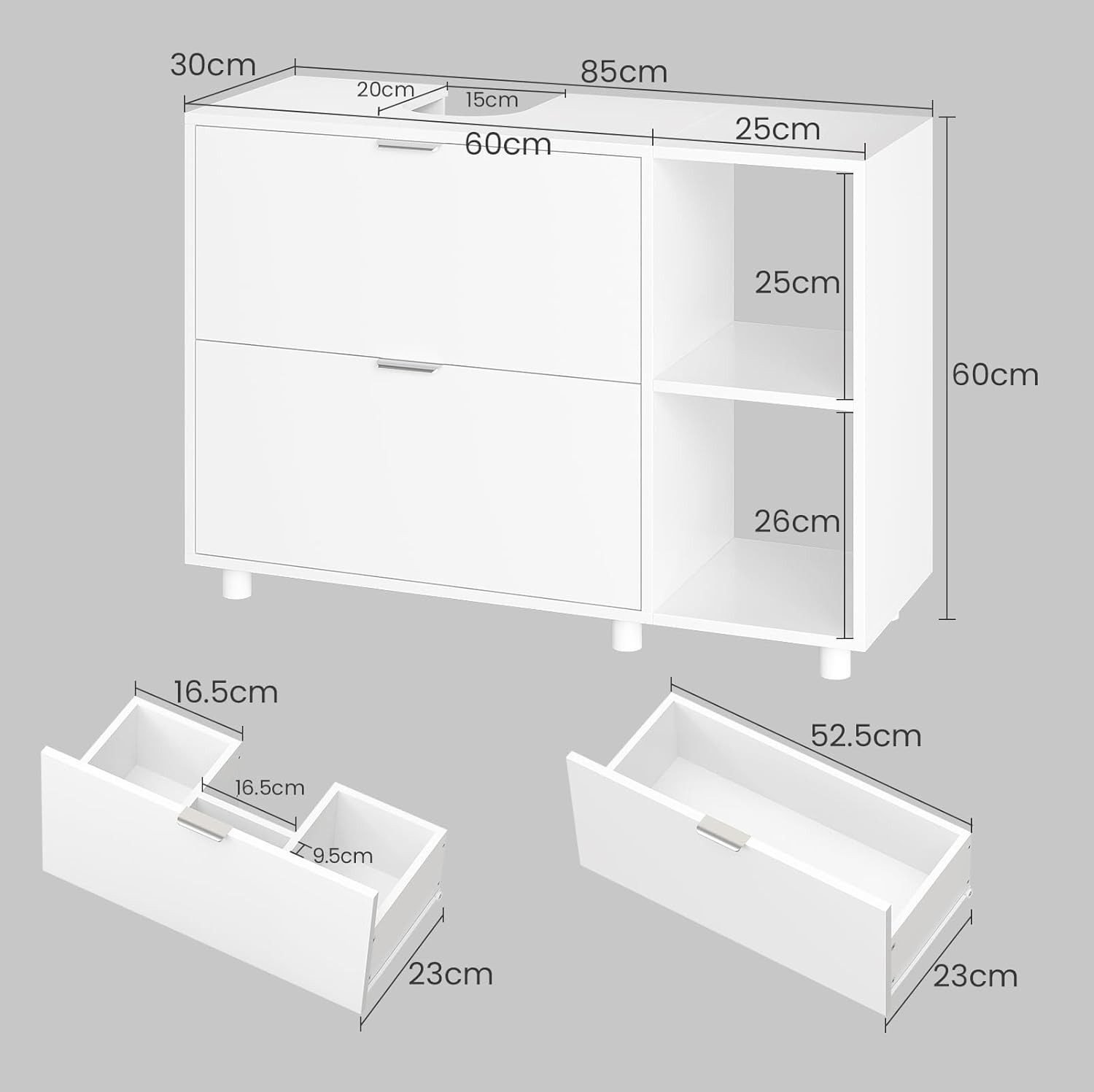 MSMASK Waschbeckenunterschrank Bad Unterschrank Waschbecken mit 2 Schubladen, 30 x 85 x 60 cm, Weiß mit 3 offenen Fächern, rechts oder Links austauschbar
