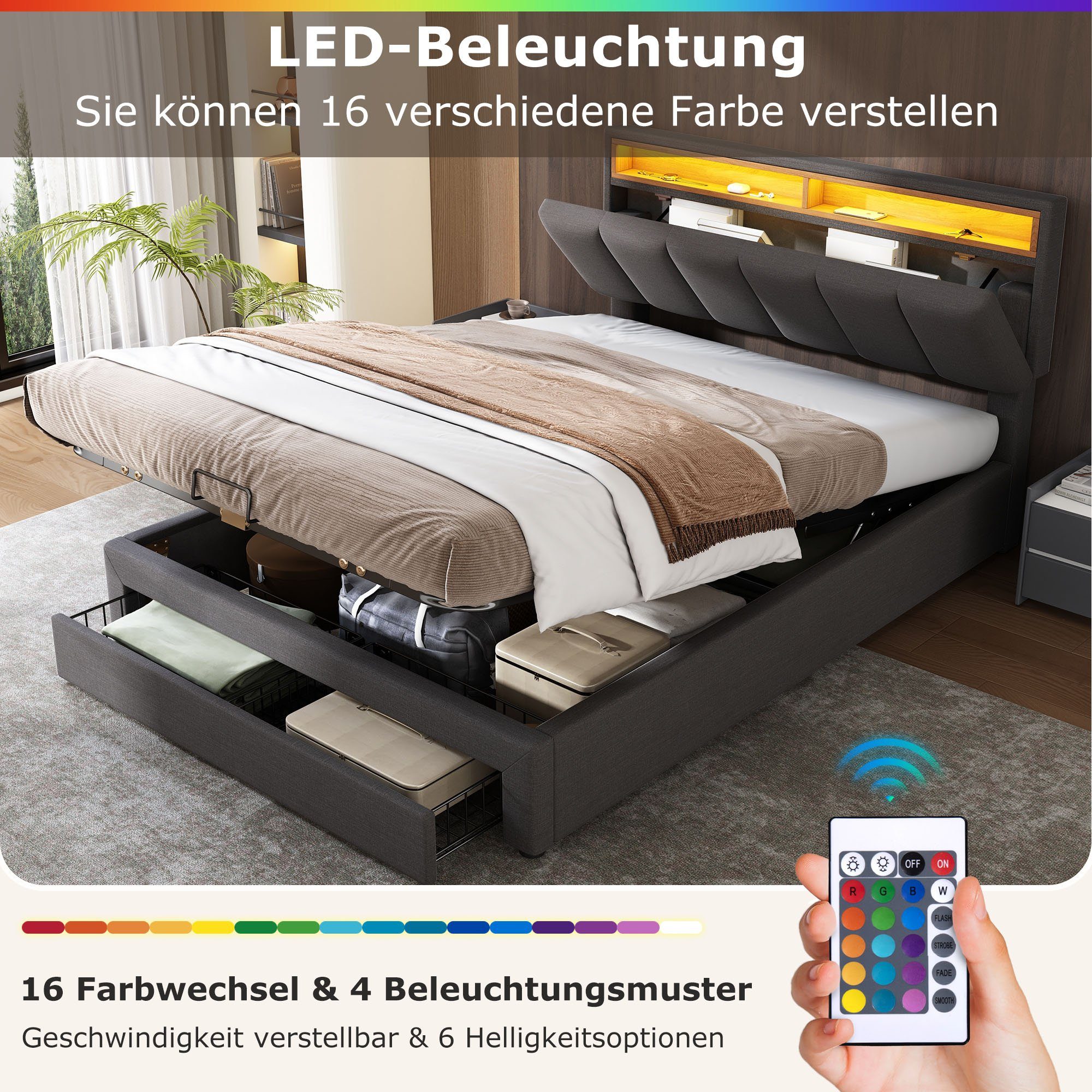 HAUSS SPOLE Polsterbett 160x200cm mit LED-Beleuchtung,Schubladen günstig online kaufen