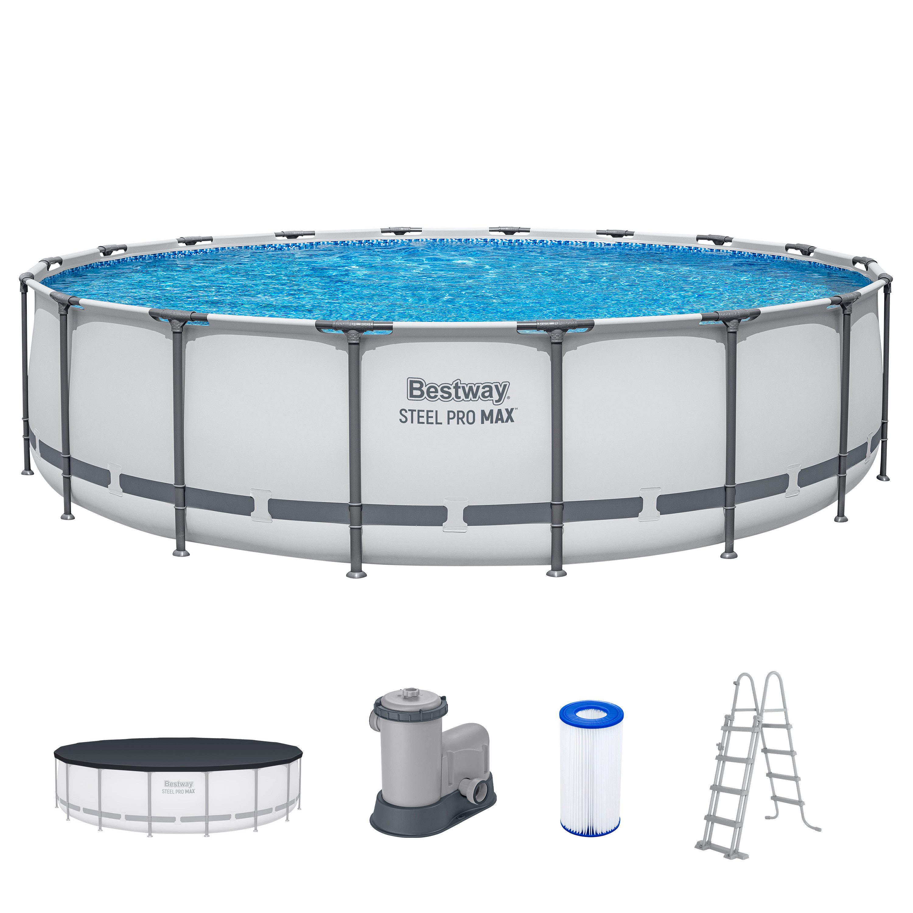 Bestway Framepool Steel Pro MAX™ (Set, Inkl. Filterpumpe, Sicherheitsleiter, Abdeckplane), Ø 549 x 122 cm