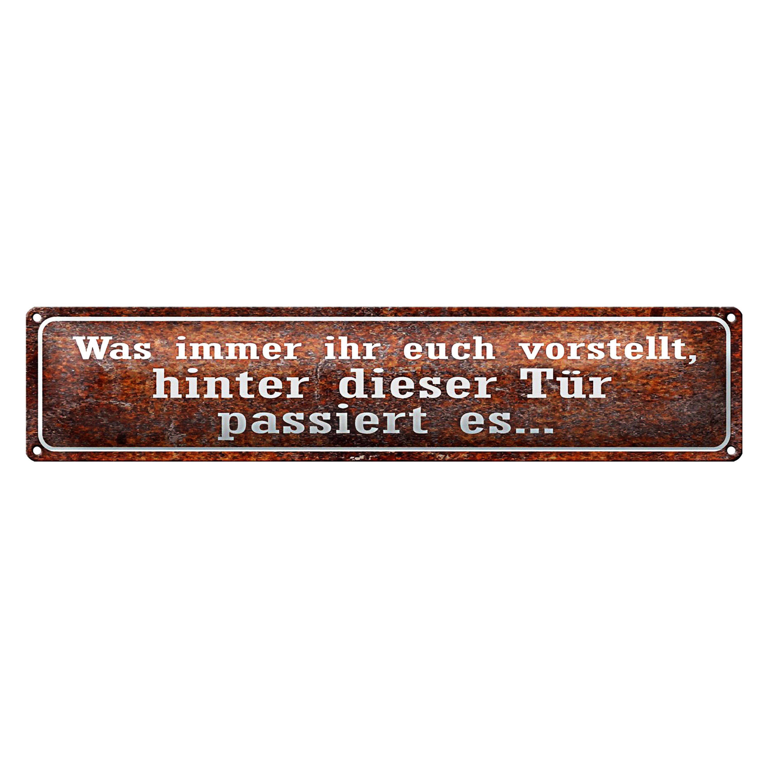 Roomando Metallschild Blechschild Spruch 46x10cm hinter dieser Tür passiert es Dekoration