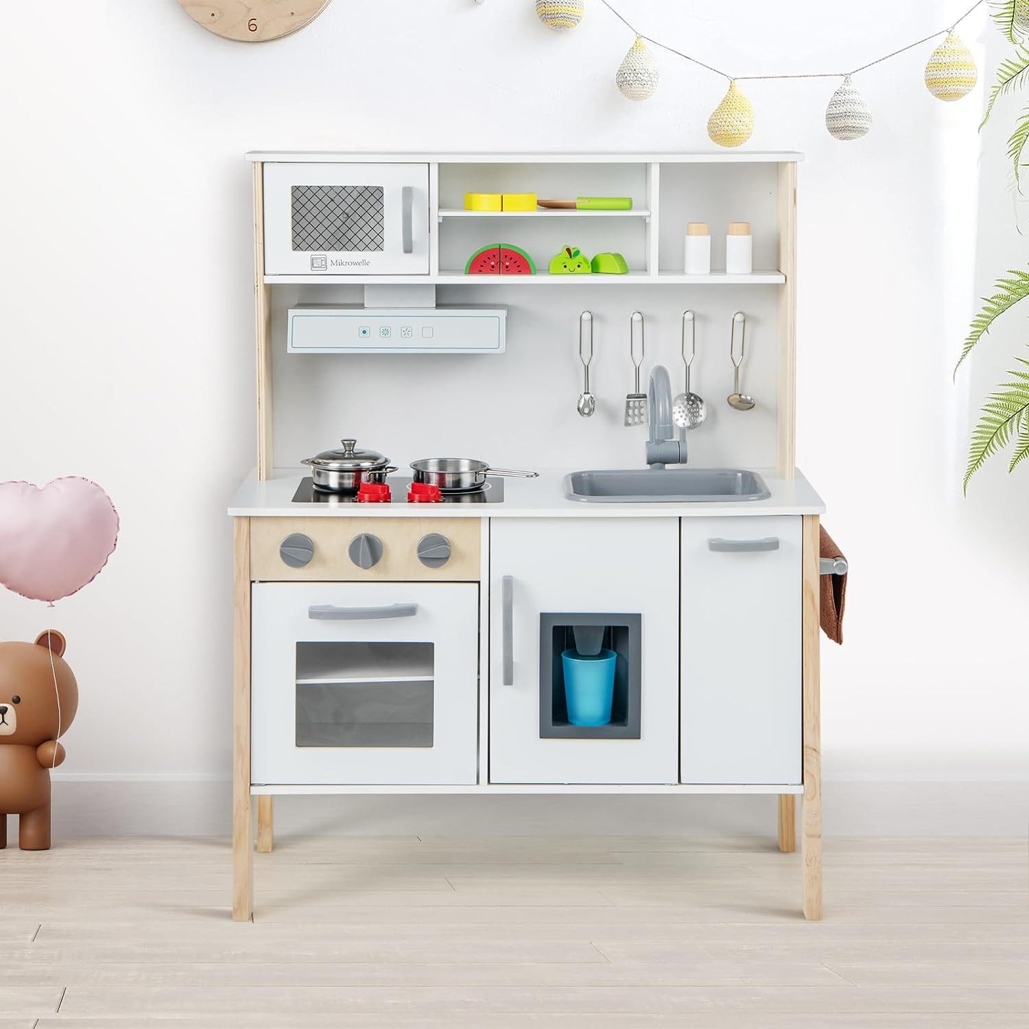 KOMFOTTEU Spielküche Kinderspielküche Holzküche, mit Mikrowelle & Dunstabzugshaube & Herd & Spüle & Backofen