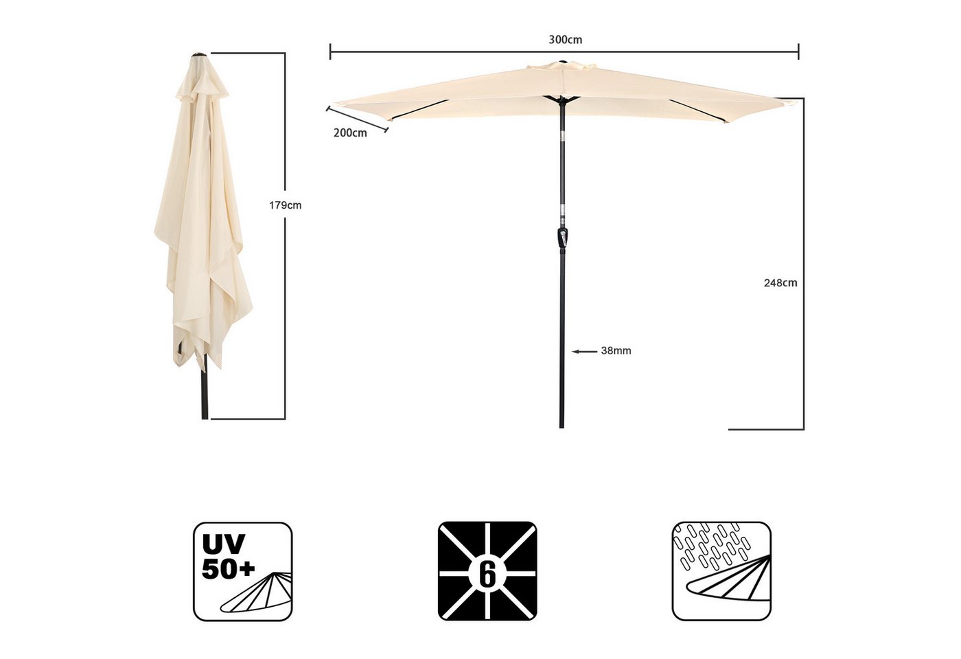 Thumbnail - Angel Living Sonnenschirm 200x300 cm Rechteckig Marktschirm Gartenschirm Terrassenschirm Kurbel, LxB: 200x300 cm, für Te...