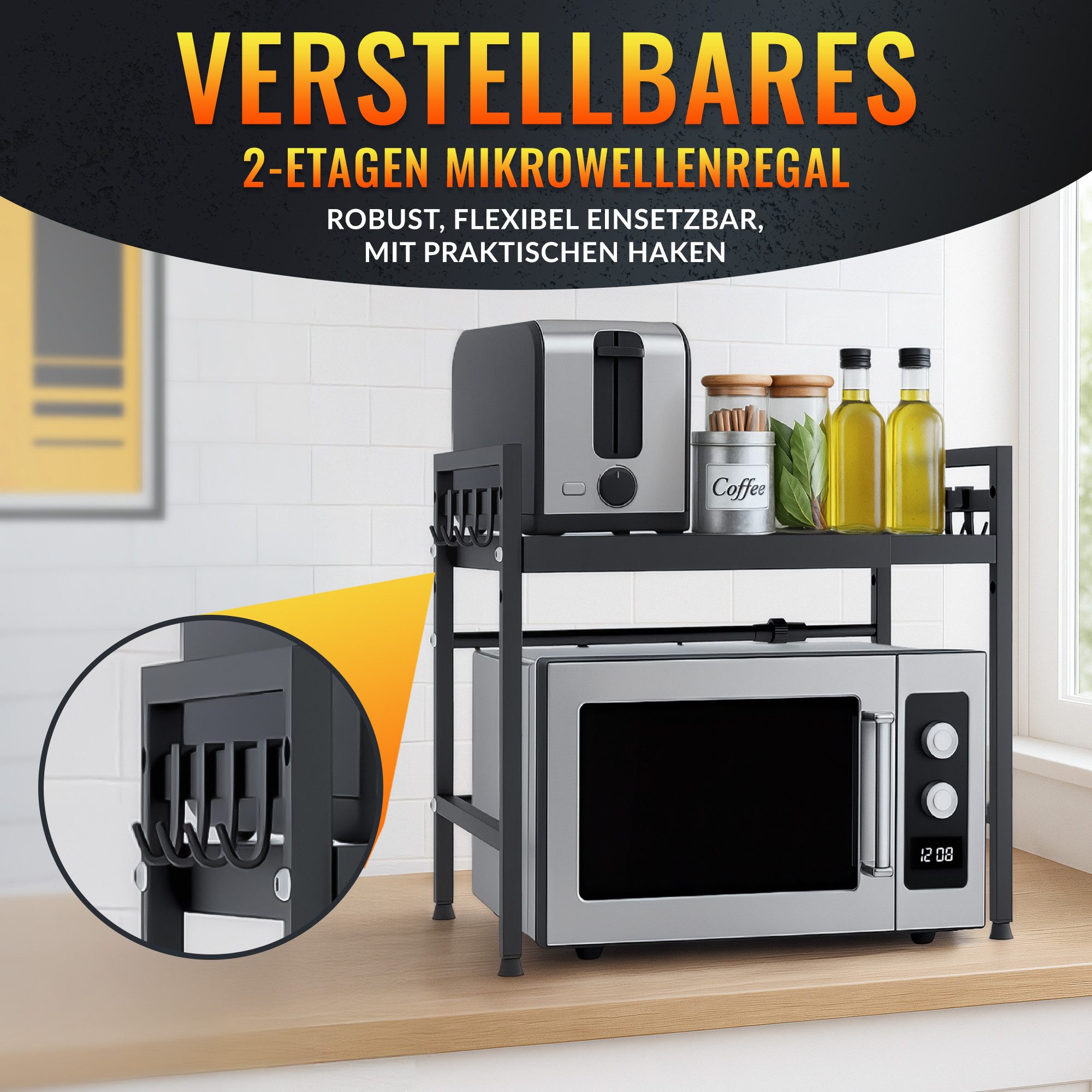Allyson Regalelement Multifunktions-Mikrowellenregal Ausziehbares & Höhenverstellbar, Packungs-Set, 2-stufig, ausziehbar 40-64cm 50kg Tragkraft
