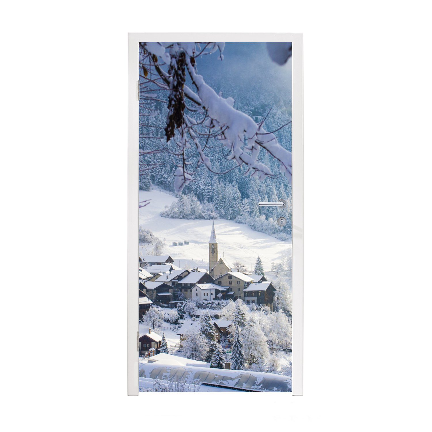 St), Dorf, MuchoWow Türtapete Alpen - Türaufkleber, für - Matt, (1 75x205 bedruckt, cm Tür, Schnee Fototapete