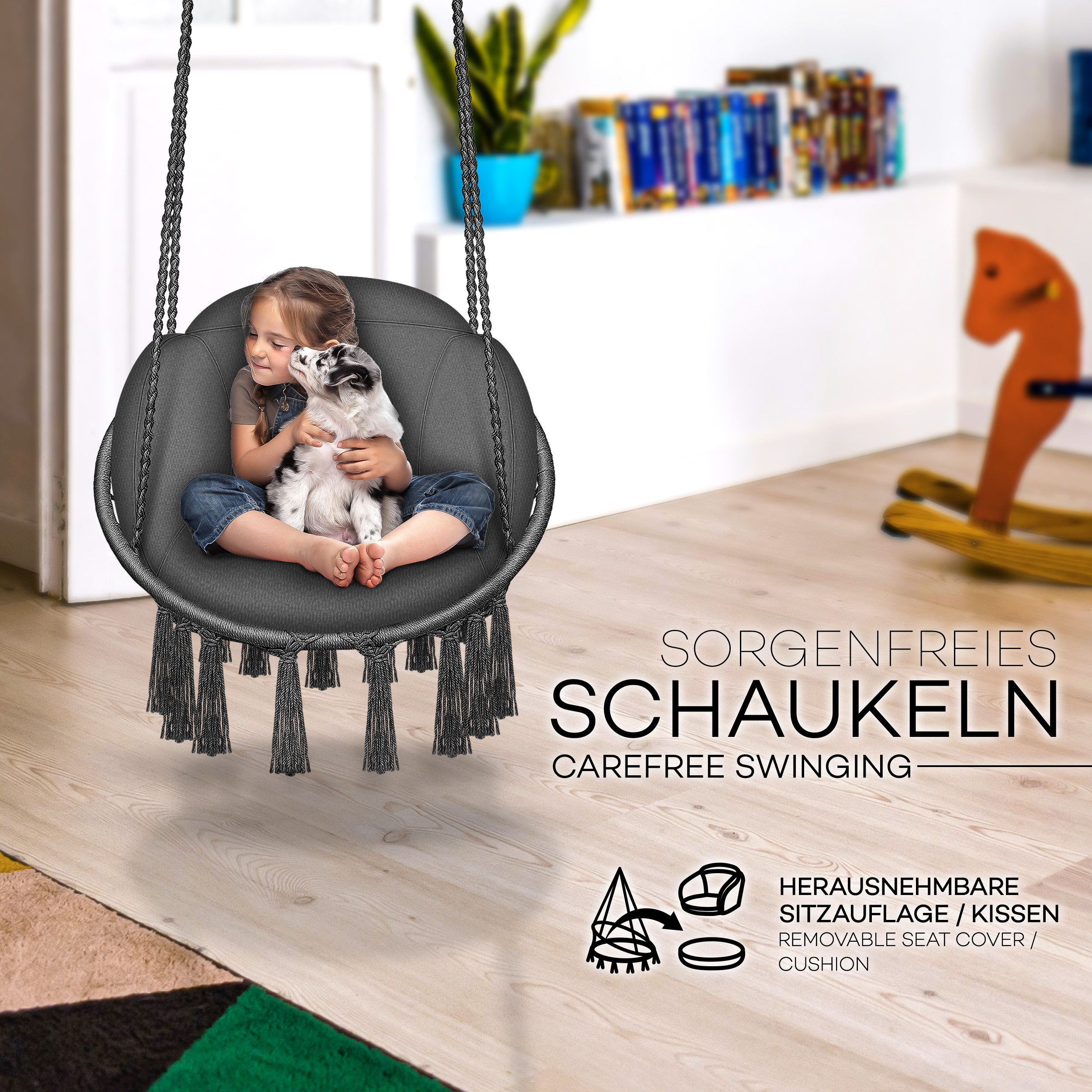 tillvex Hängesessel tillvex® Hängesessel Hängestuhl Hängeschaukel Hängekorb Hängesitz (Set, Hängesessel, Kissen, 4 Seile mit 2 Stahlringen), Kissen – Bild 4 von 5