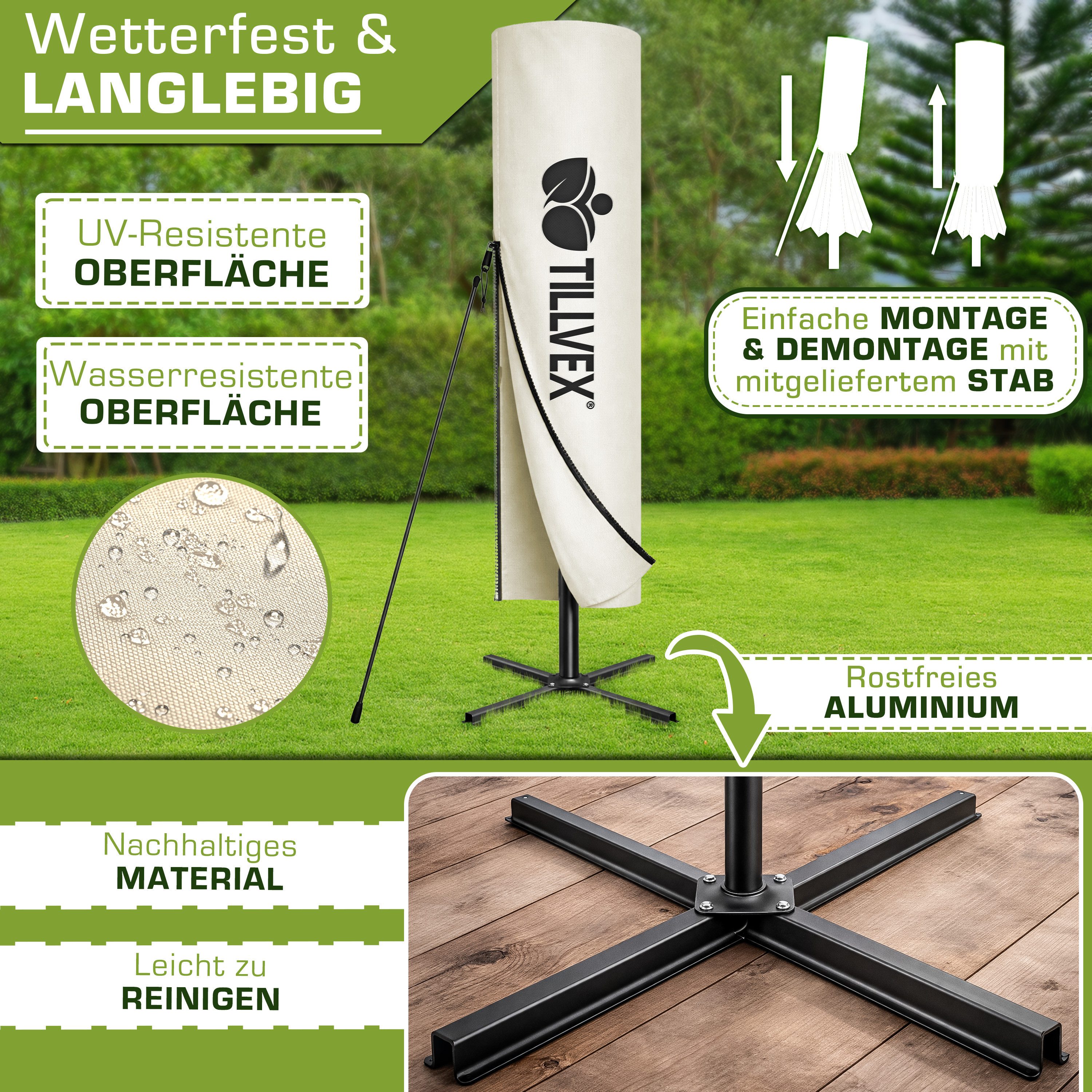 tillvex Sonnenschirm tillvex® Sonnenschirm LED Solar Ø 3m Ampelschirm Balkon Gartenschirm, Alu Ampelschirm + Abdeckung LED Solar Ø 350 cm mit Kurbel, Abdeckung  – Bild 4 von 5