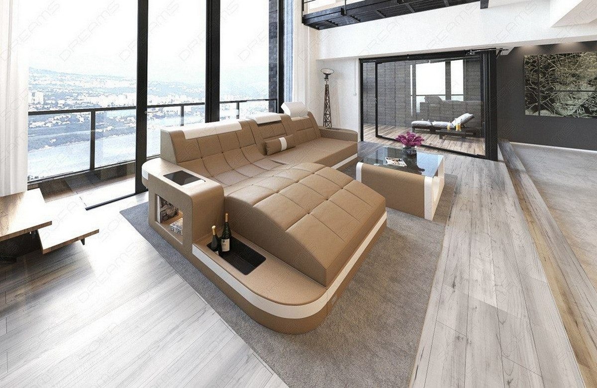 Sofa Dreams Ecksofa Wave L Form Ledersofa LED, 4-Sitzer, Kunstleder Premium, Sandbeige-Weiß, Ottomane links, USB