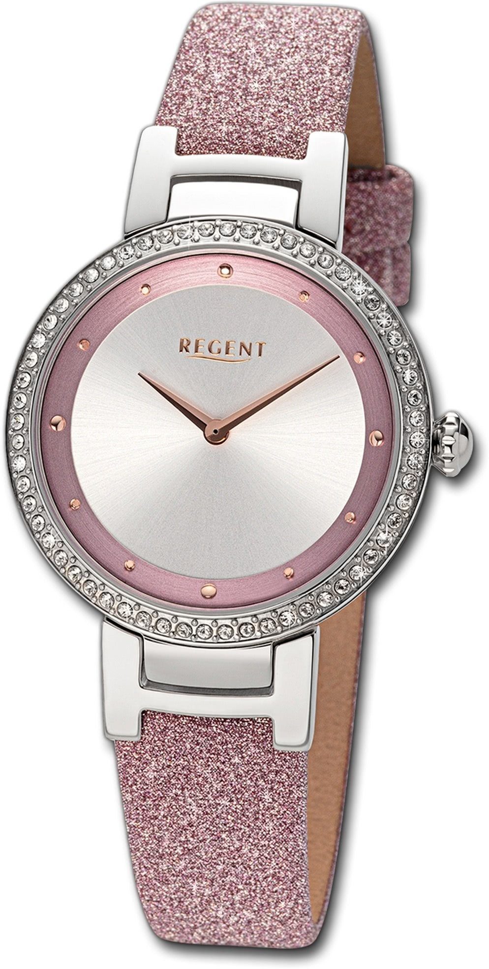 Regent Quarzuhr Regent Damen Armbanduhr Analog, Damenuhr Lederarmband rosa, rundes Gehäuse, extra groß (ca. 33mm)