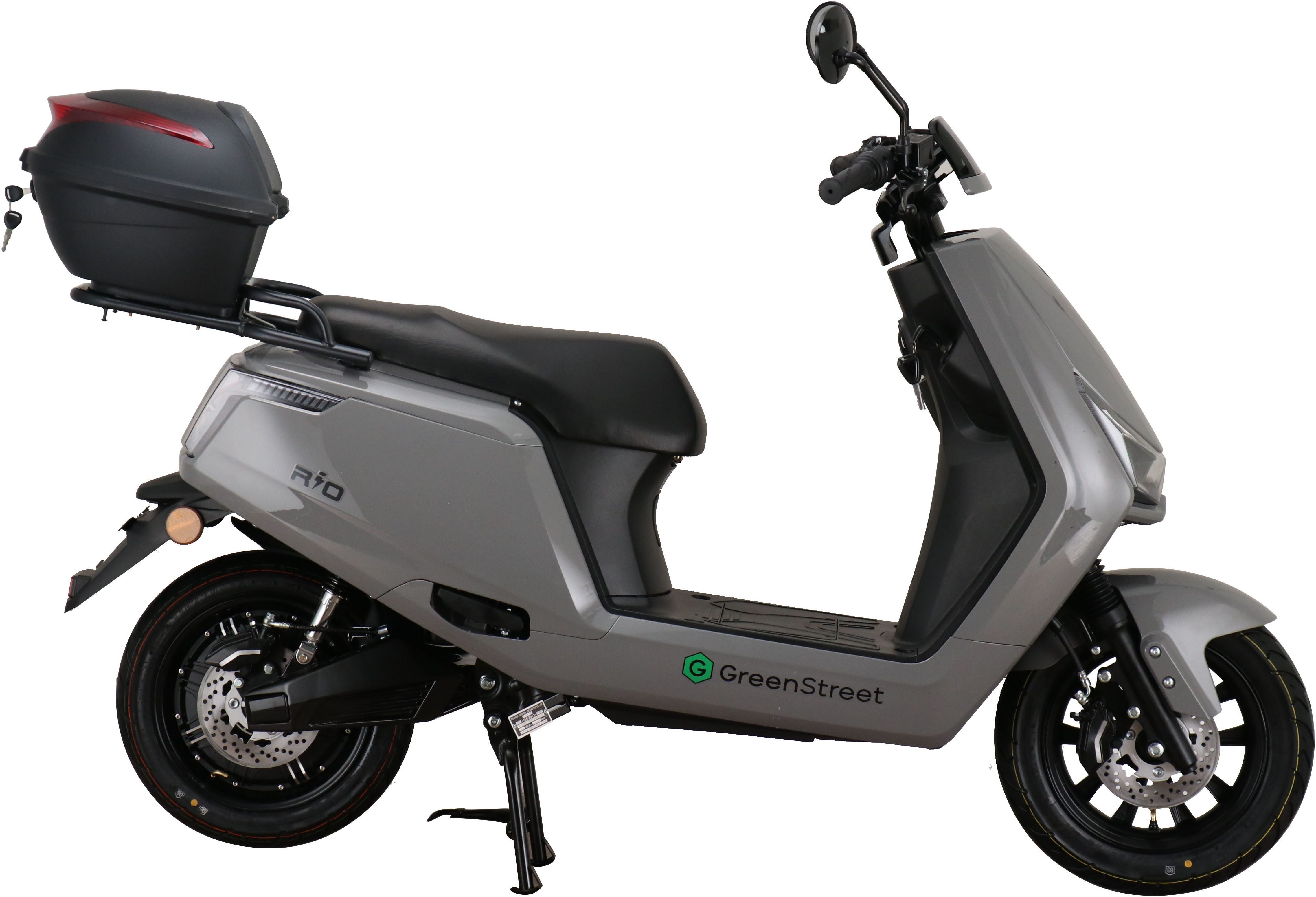 GreenStreet E-Mofaroller Rio 2000W 25 kmh grau inkl. Topcase, 2000 W, 25 km/h, bis zu 90 km Reichweite, breites Rücklicht zur besseren Sichtbarkeit