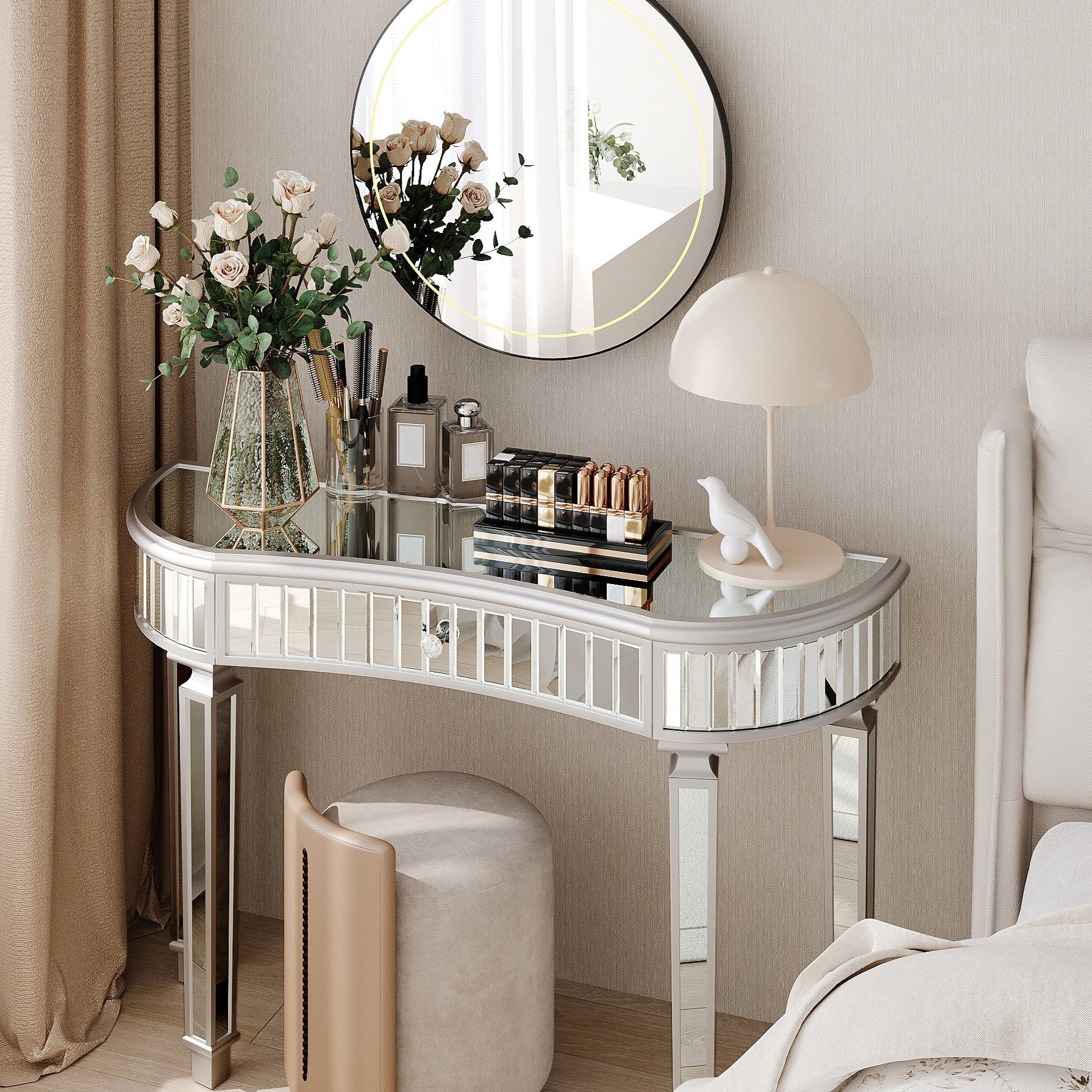 MODFU Konsolentisch Sofatisch mit Fluted Glass & Kristallgriff-Schublade (Beistelltisch), Dekotisch