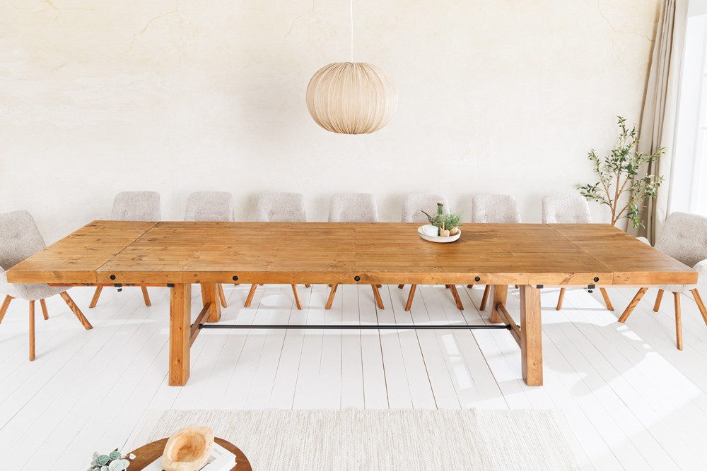 riess-ambiente Esstisch FINCA 300-400cm vintage braun - recyceltes Pinienholz, 2 Ansteckplatte (Einzelartikel, 1-St), Industrial Design mit Querstrebe – ideal für bis zu 14 Personen
