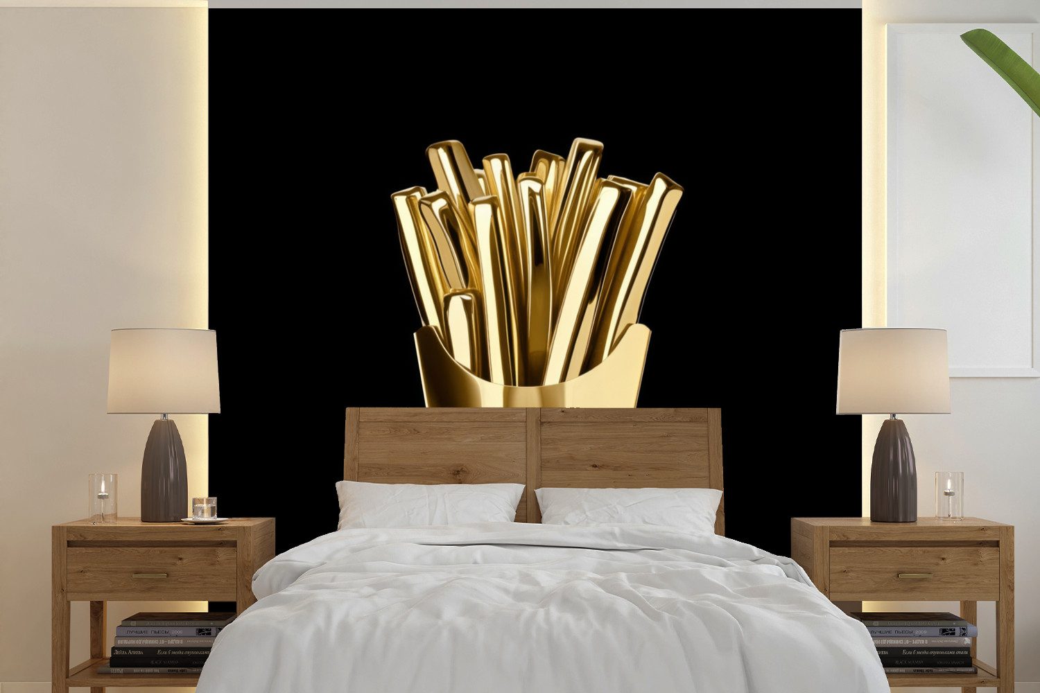 MuchoWow Fototapete Pommes frites - Gold - Chrom - Lebensmittel, Matt, bedruckt, Vinyl Tapete für Wohnzimmer oder Schlafzimmer, Wandtapete, 300x300 cm