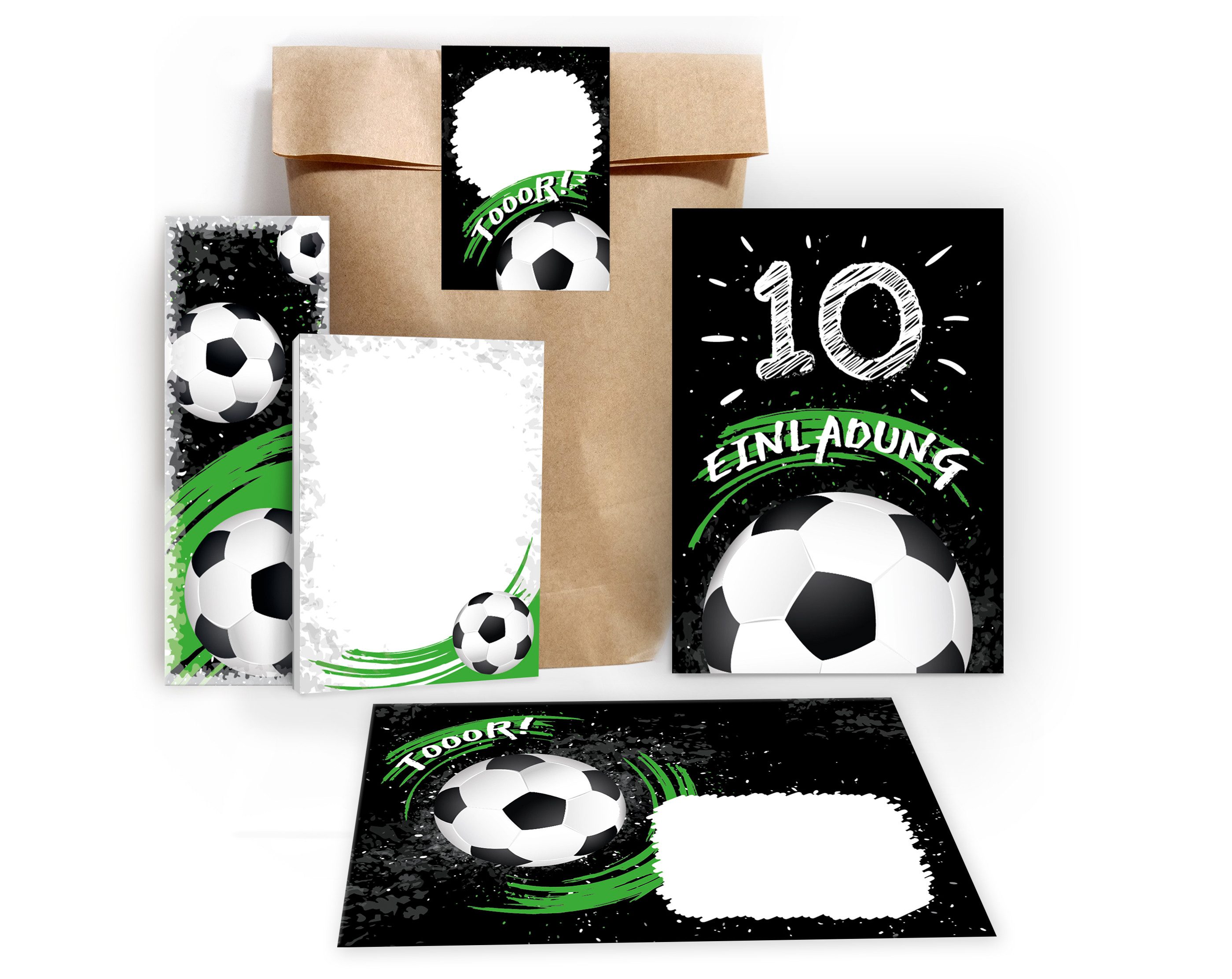 JUNAPACK Einladungskarten Fußball zum 10. Geburtstag Einladungen Karten mit Umschlägen Mitgebsel, Mitbringsel Set Fussball Gastgeschenke zum zehnten Kindergeburtstag