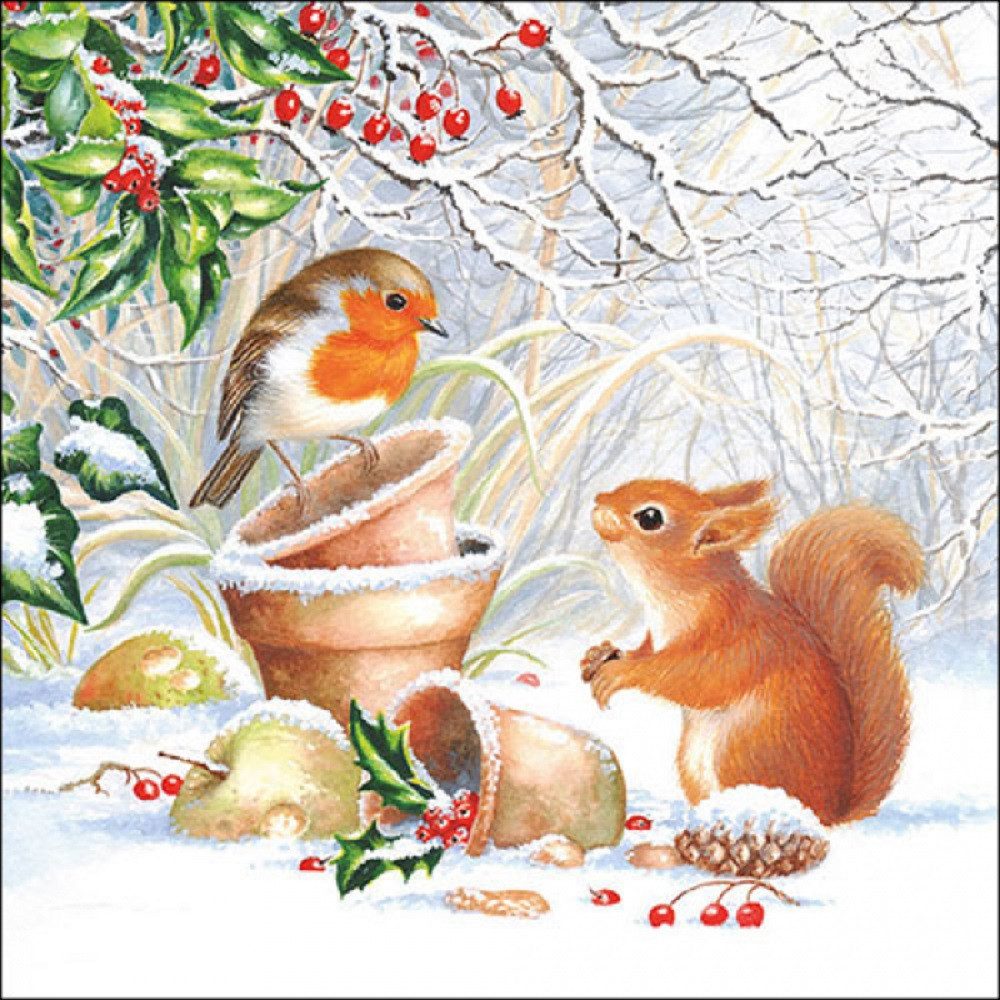Ambiente Luxury Paper Products Papierserviette Robin / Eichhörnchen/Vogel im Winter/Tiere/Winter/Tischdeko, (20 St), Bastelartikel / Decoupage / Serviettentechnik