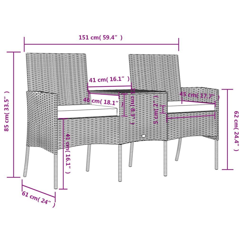 2-Sitzer-Gartensofa Schwarz, Rattan mit Loungesofa Teile Poly 1 vidaXL Teetisch