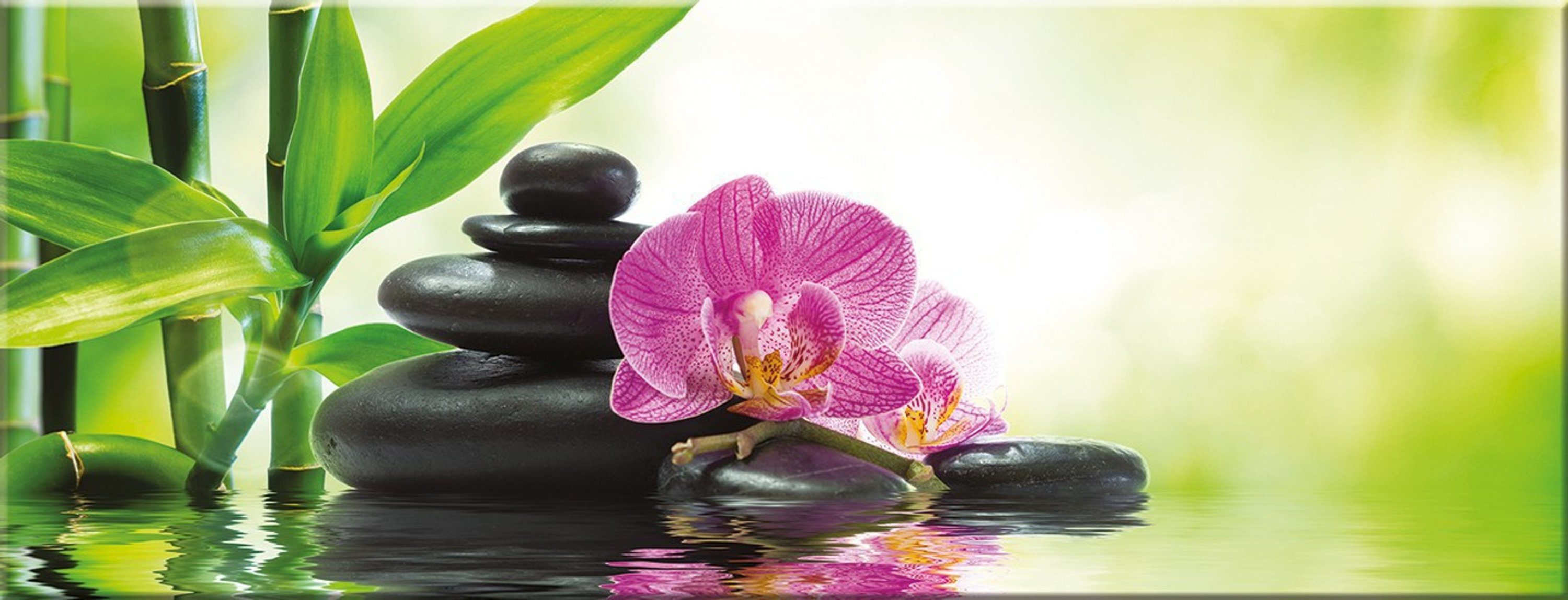 artissimo Glasbild Glasbild Glas Bild Steine Orchidee, und Zen Natur: Wellness Spa 80x30cm aus Bambus