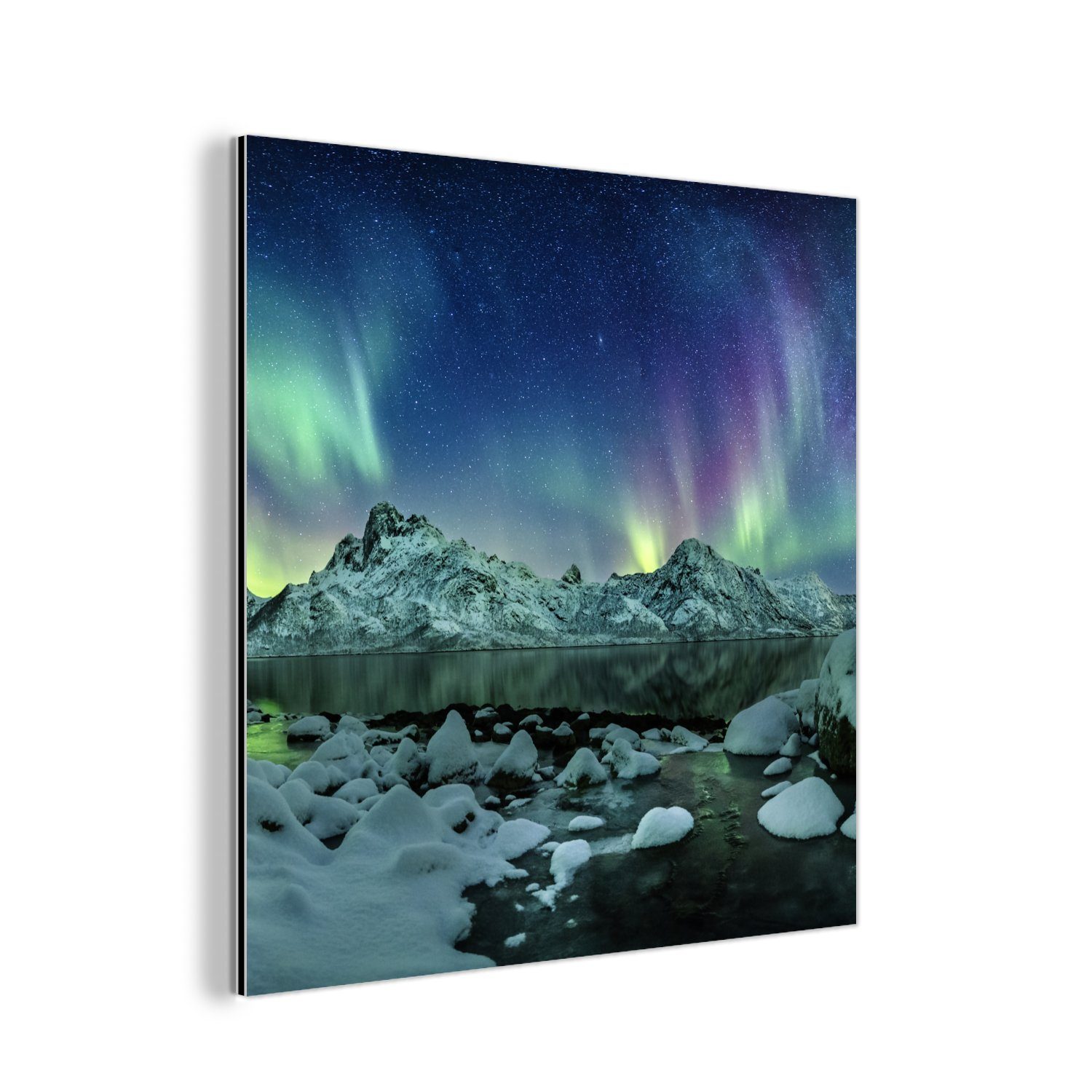 Gemälde Winter Nordlicht - Aluminium Meer aus deko Natur, MuchoWow - Metall, - - Eis Metallbild Alu-Dibond-Druck, St), (1