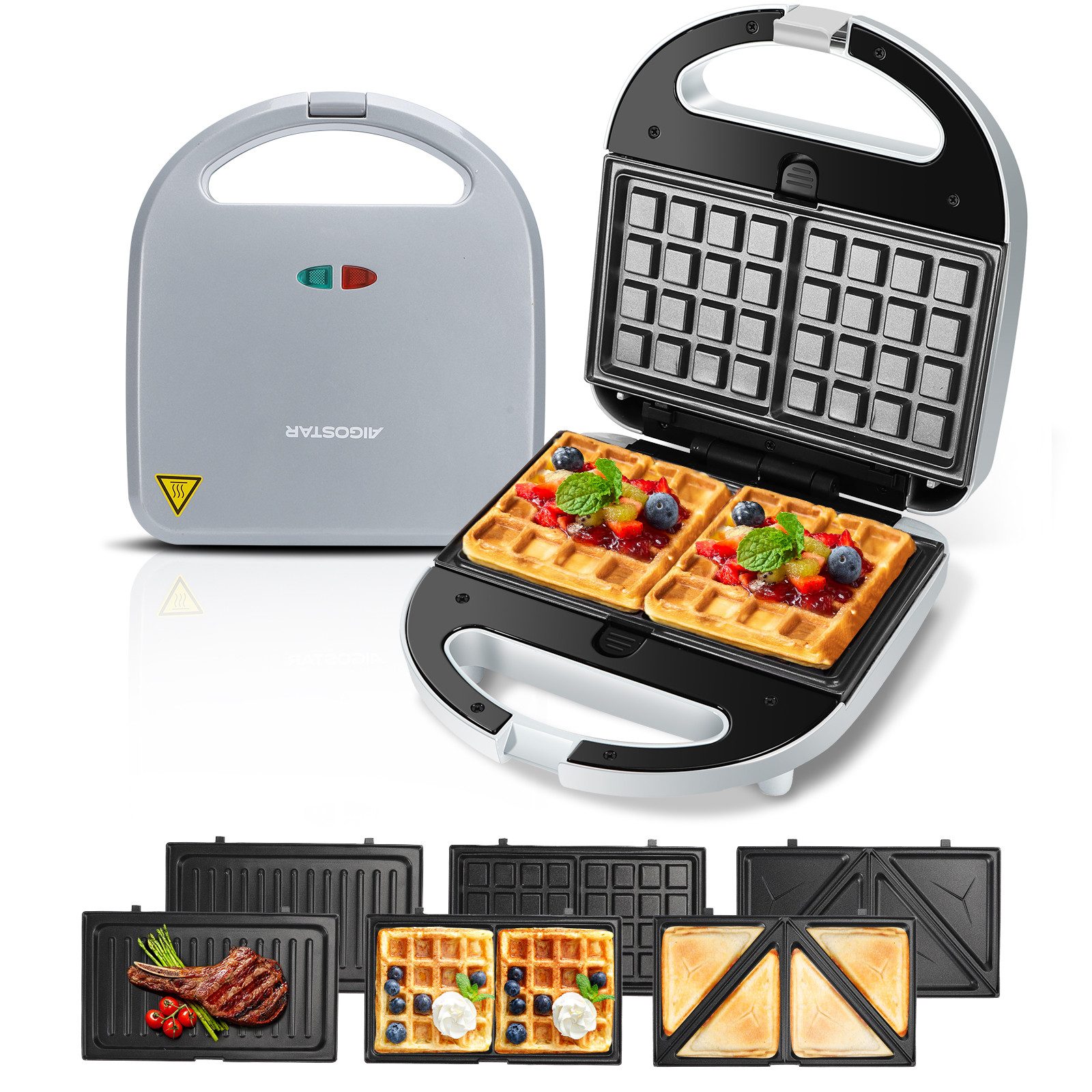 Aigostar 3-in-1-Kombi-Waffeleisen 750 W Sandwichmaker, 3 Austauschbare Platten, Beidseitiges Grillen, 750,00 W, Antihaftbeschichtet, Automatisches Thermostat, Wärmeisolierender Griff