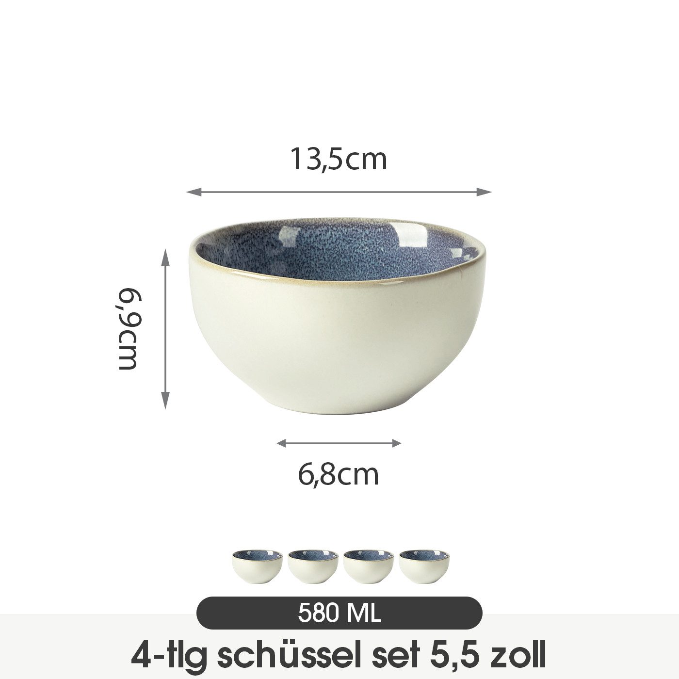 JIWOO Salatschüssel 4er Ø13.5cm, Müslischüssel Suppenschüssel Dessertschale Obstschale, Keramik, (Schüsselset, 4-tlg), Hochwertiges Schüsseln Blau Mikrowellen und spülmaschinenfest Ø13,5cm