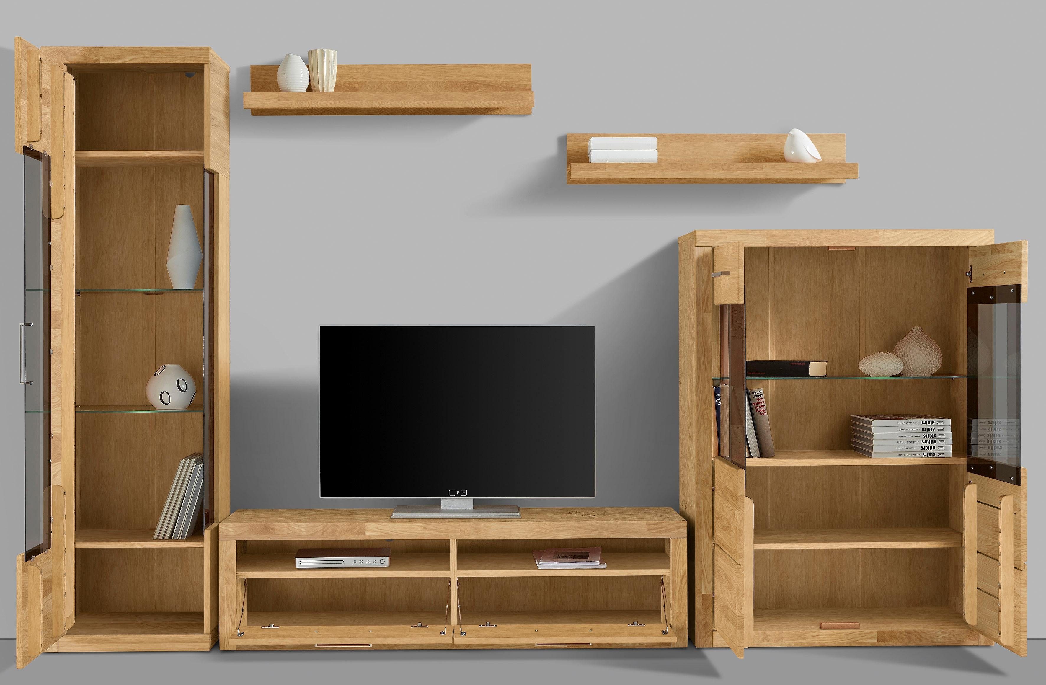 OTTO home Wohnwand Ribe: 5teilig, Breite: 280cm,Fronten aus Massivholz,Korpus aus Melamin, (Set, 5-St), Glaseinsatz aus gehärtetem Glas, Einlegeböden teilweise verstellbar