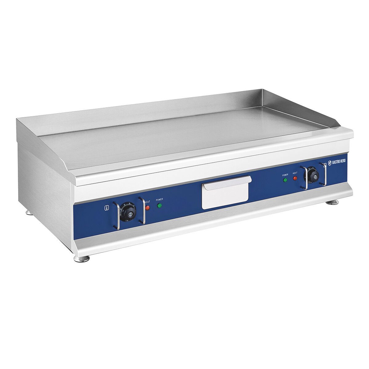 GastroHero Elektrogrill Elektro Grillplatte glatt 1000 mm 6 kW Tischgerät Edelstahl, Fettfangrinne, Spritzschutz, frontseitige Bedienelemente