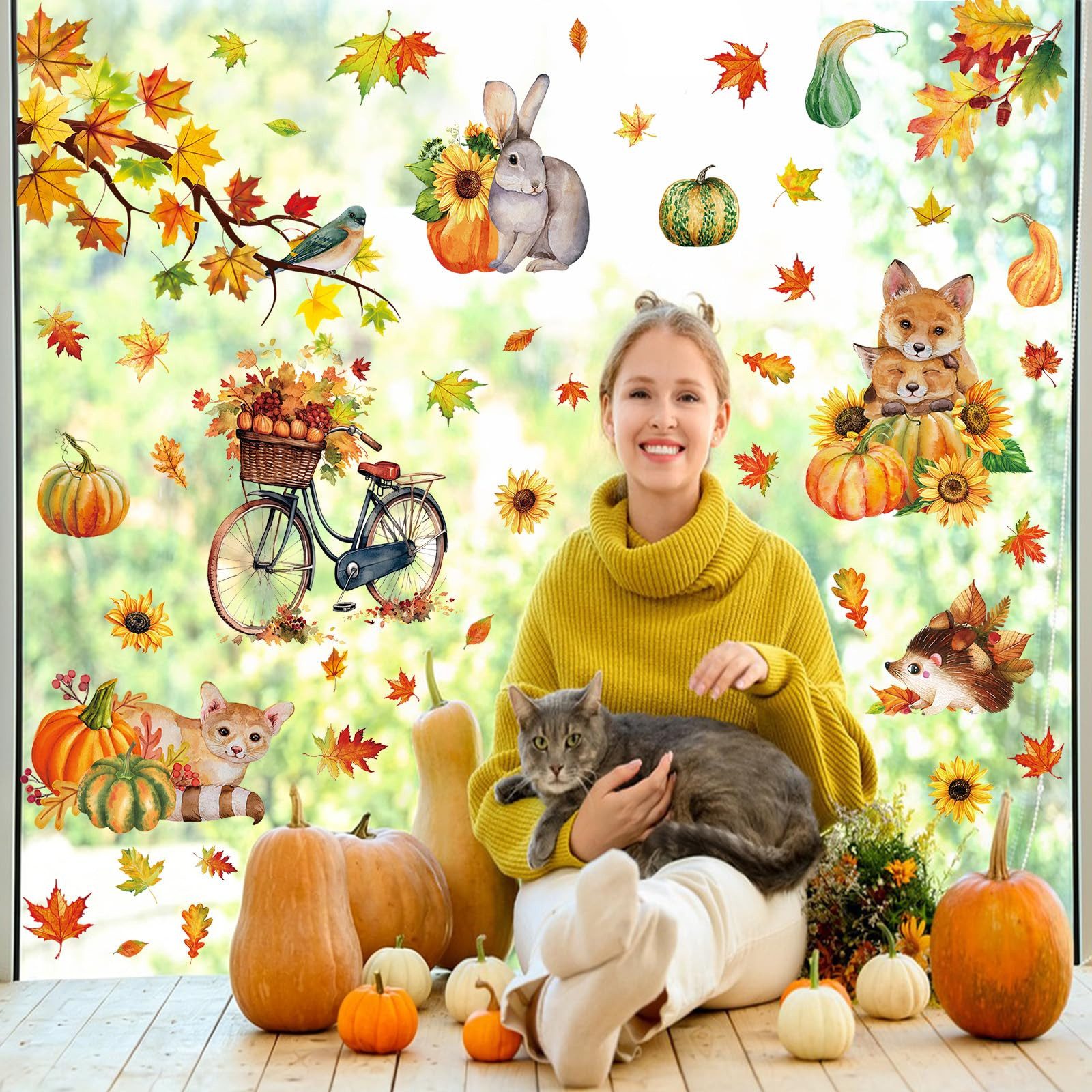 Sorvyzxn Fensterfolie Fensterbilder Herbst, Autumn Fensterbild Selbstklebend, Herbstdeko, Fenster Sticker Kinder, Fensteraufkleber Herbstliche Blätter – Bild 2 von 5