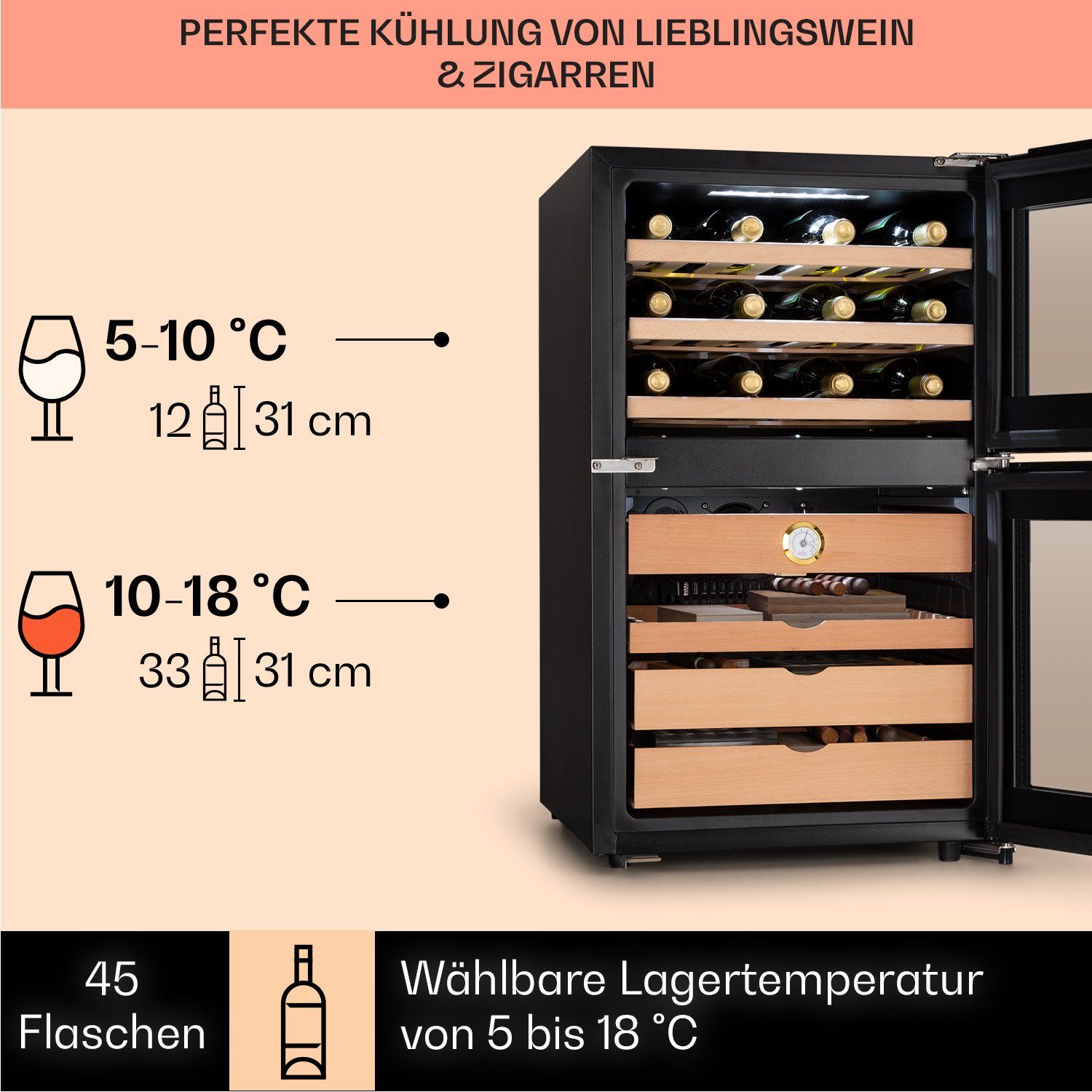 Standardflaschen Weinkühlschrank für á 108, 45 El 0,75l Klarstein Dorado