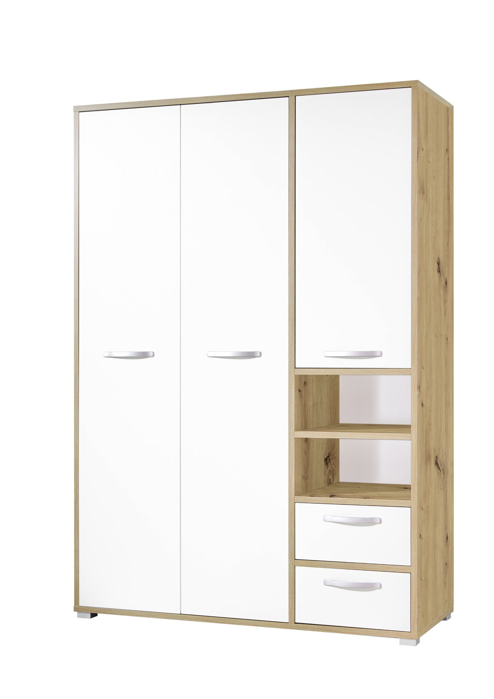 möbelando Breite Korpus Tiefe mit in cm, Drehtürenschrank Moderner Höhe Schubkästen, 56 offenen in 7 2 Front aus Kleiderstangen, Holztüren, Spanplatte, Weiß Kleiderschrank und Fächern. 201 2 138 3 Artisan Eiche cm Nachbildung, Melina 2 Ablageböden cm,