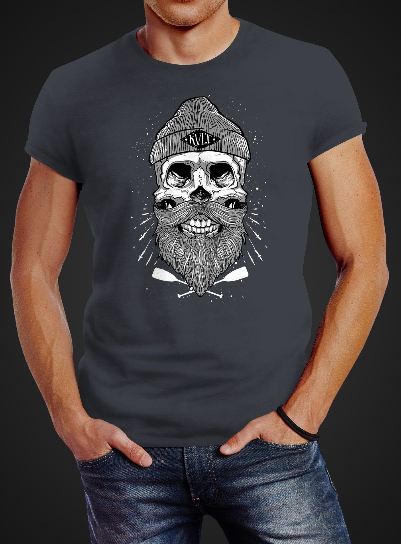 Neverless Print-Shirt Herren T-Shirt Captain Skull Beard Totenkopf Bart Kap günstig online kaufen