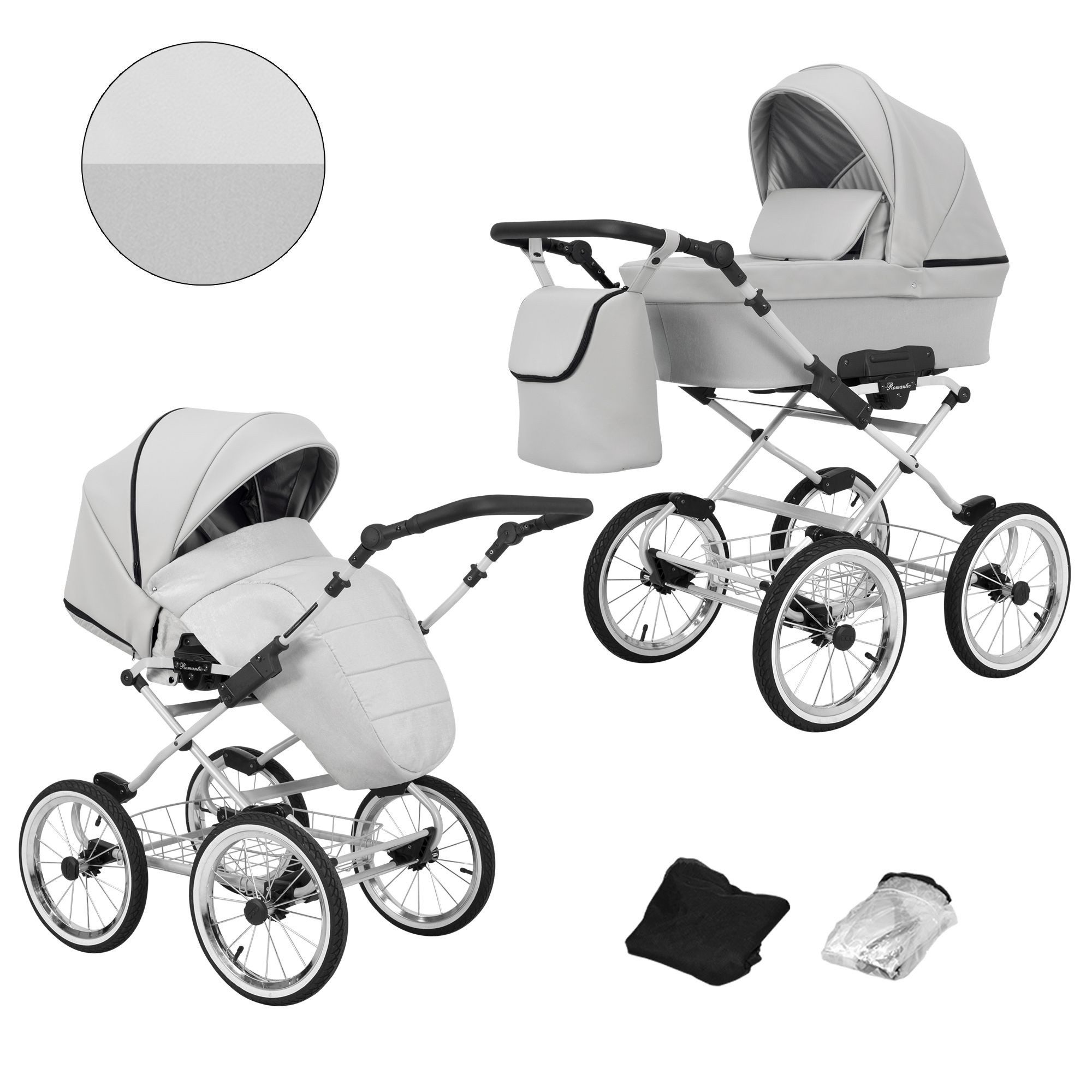 KUNERT Kombi-Kinderwagen Romantic 2 in1 Öko-Leder Kinderwagen mit AIR WHEEELS und grauem Rahmen, 3-in-1-Kit, große aufblasbare Räder, verstellbare Rückenlehne