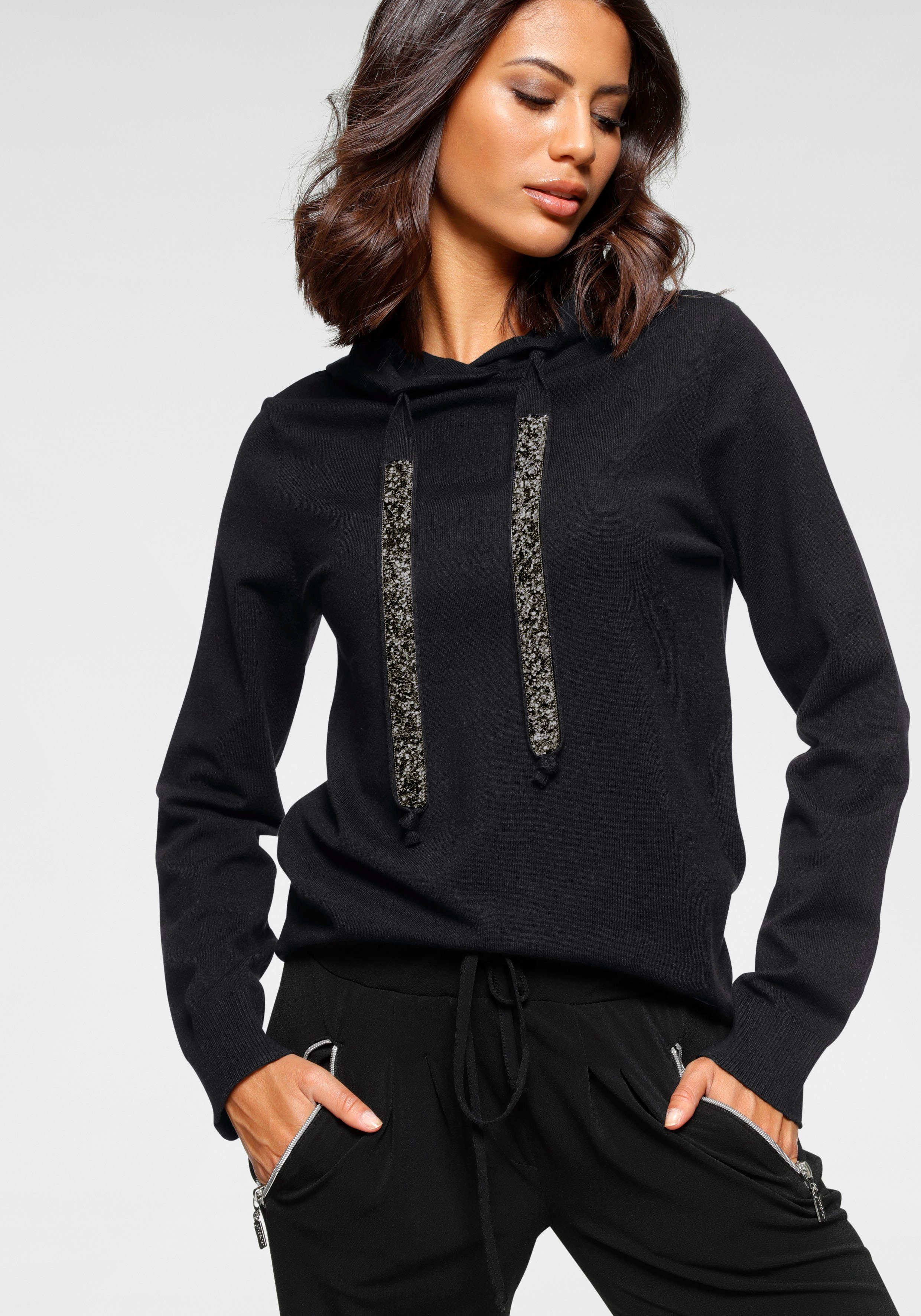 Laura Scott Strickpullover mit Kapuze und glitzernden Bändern günstig online kaufen
