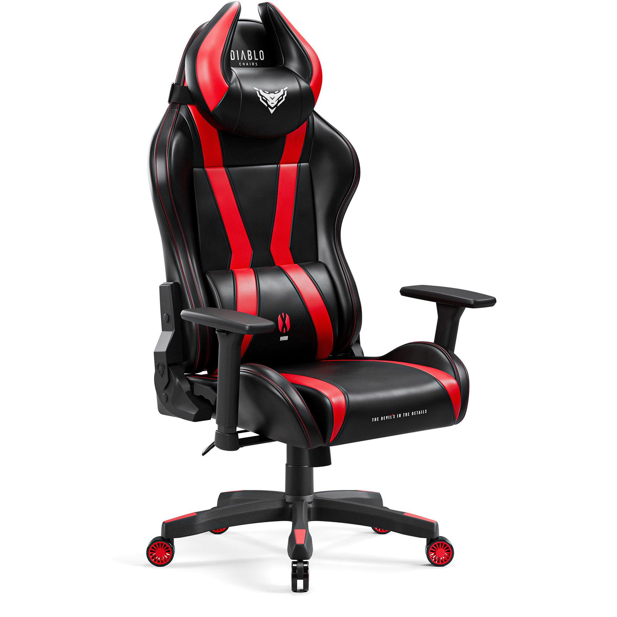 DIABLO CHAIRS Gaming-Stuhl X-Horn 2.0 HDS Kunstleder ergonomisch 3D-Armlehnen Kopfstütze (3D-Armlehnen, Memory-Schaum, HDS Kunstleder, Normal L King XL), Lendenkissen Wippfunktion 160° Metallbasis 2 Größen