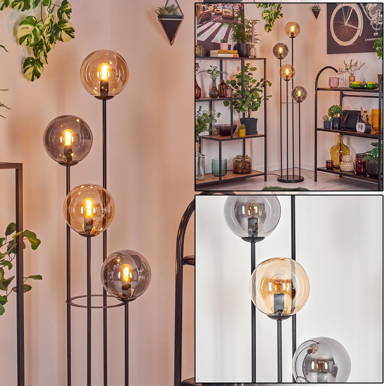 hofstein Stehlampe Stehlampe aus Metall/Glas in Schwarz/Rauch/Bernstein mit Fußschalter, ohne Leuchtmittel, Stehleuchte im Retro/Vintage-Design mit Glasschirmen (15 cm), E14