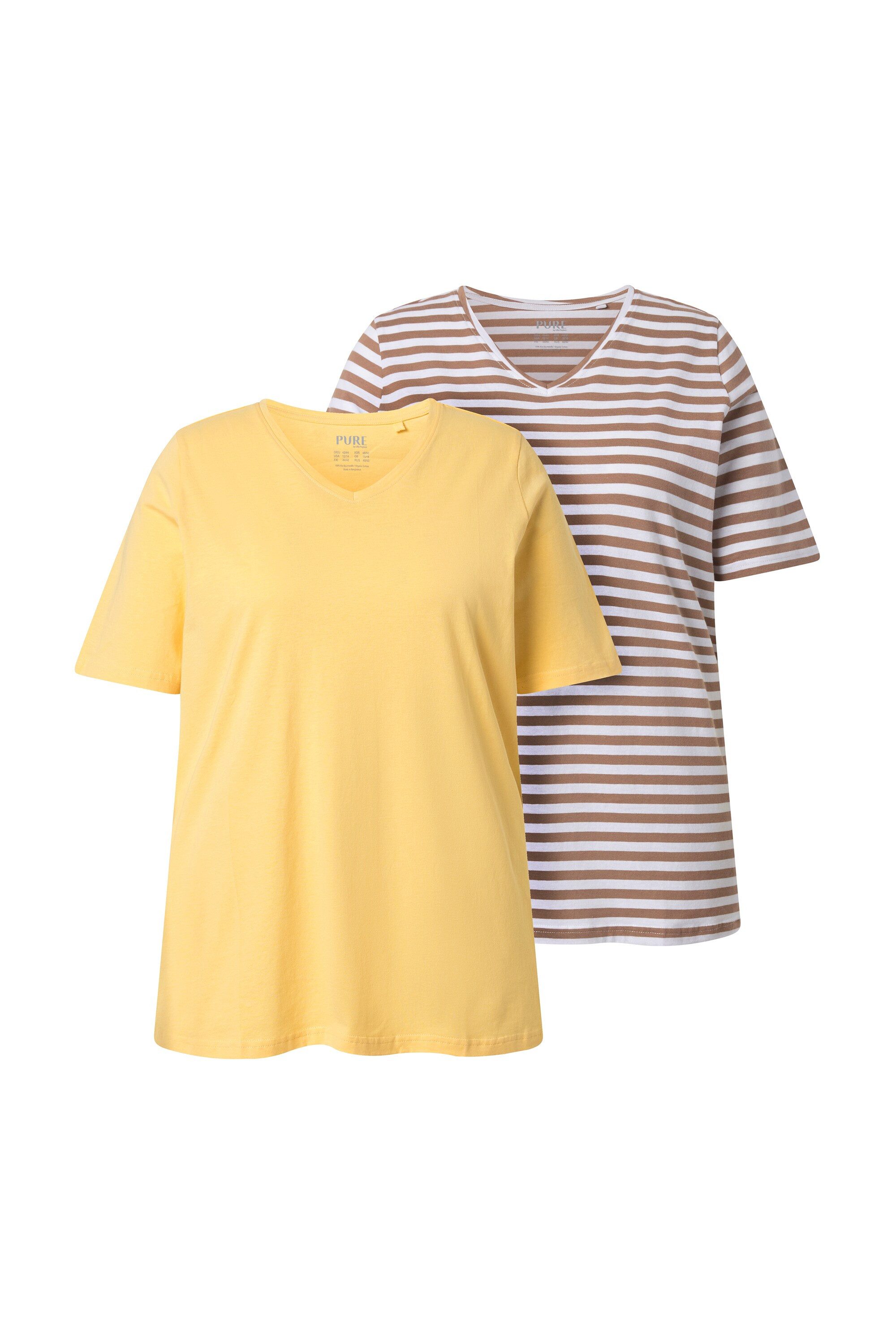 Ulla Popken T-Shirt T-Shirts 2er-Pack Ringel/uni V-Ausschnitt Halbarm