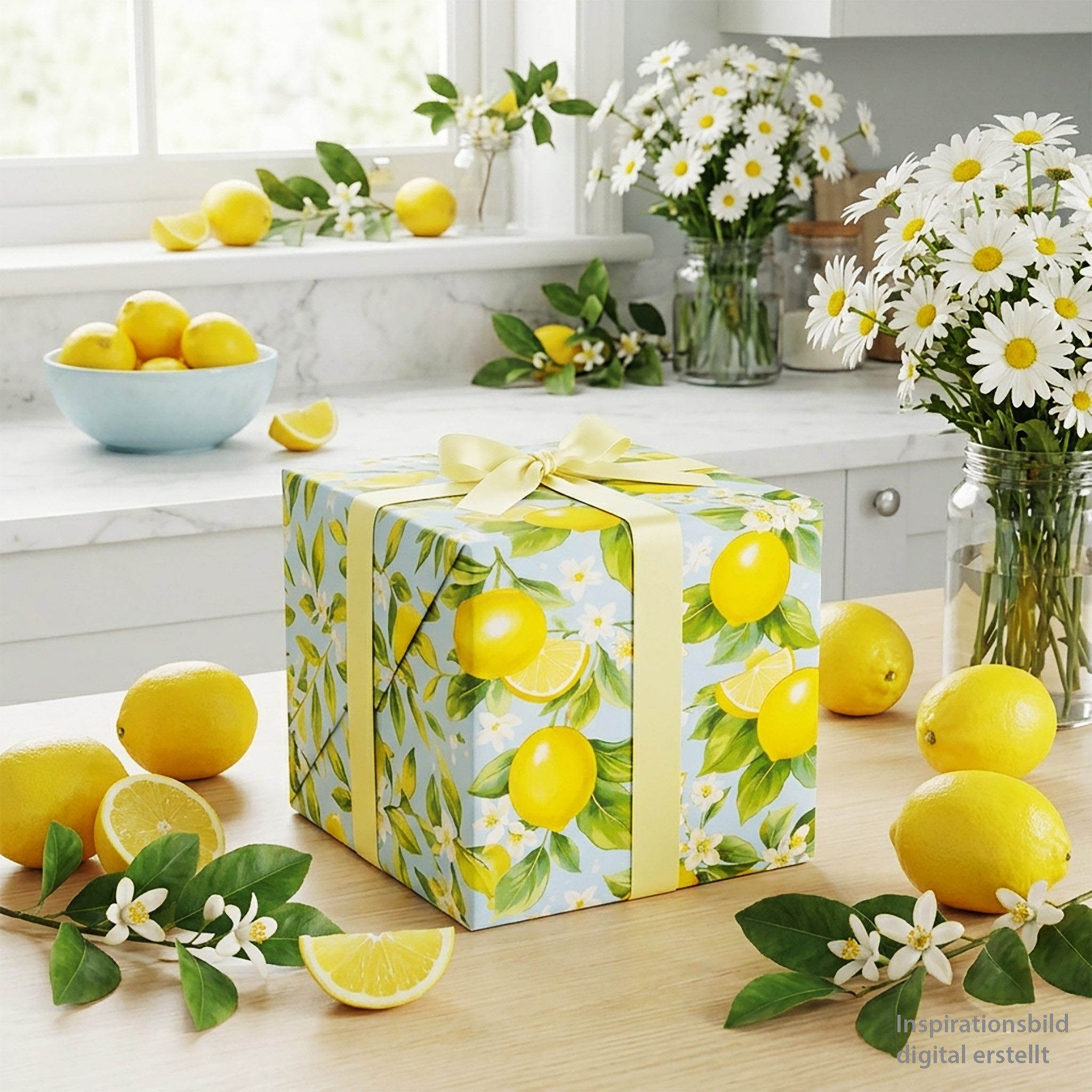 Star Geschenkpapier, Geschenkpapier Zitronen & Blüten Motiv 70cm x 2m Rolle Hellblau / Gelb