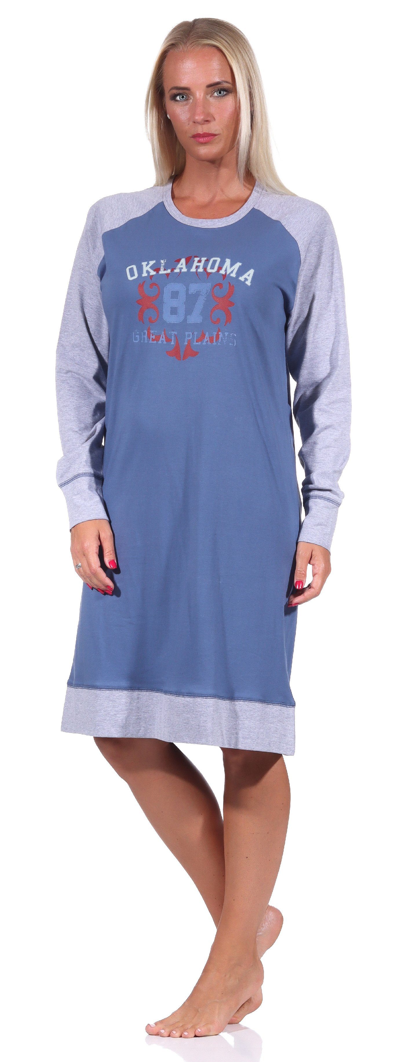 Nachthemd Nachthemd College Frontprint Ärmeln im mit abgesetzten Normann Look und Damen blau