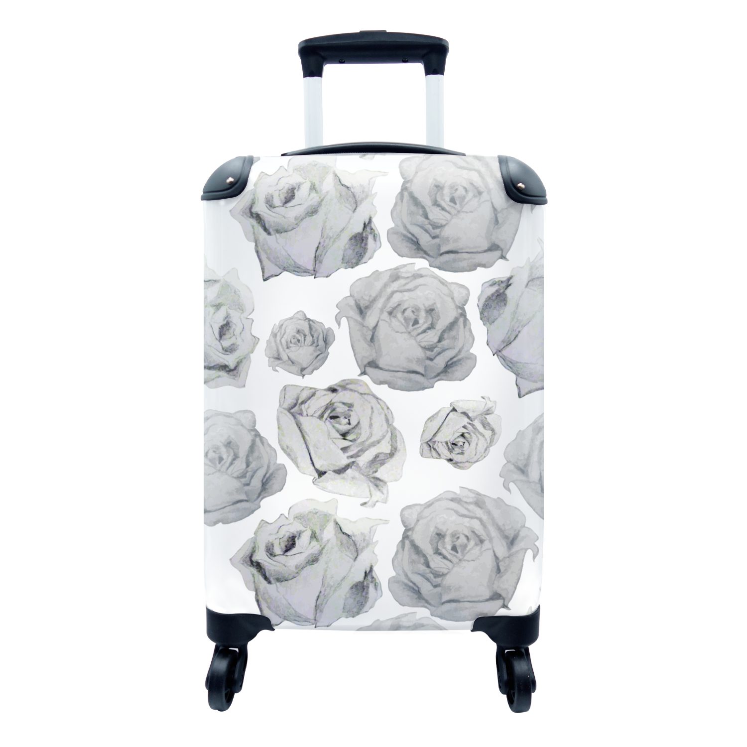 Reisetasche für mit - - MuchoWow Rollen, - Reisekoffer 4 Rosen Trolley, Ferien, rollen, Blume Handgepäckkoffer Handgepäck Muster, weiß und Schwarz