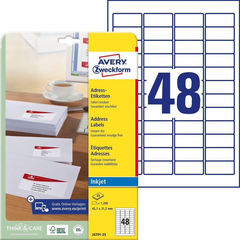 Avery Zweckform Etikett St. Papier J4791-25 mm Avery-Zweckform x 1200 45.7 Weiß Etiketten 21.2
