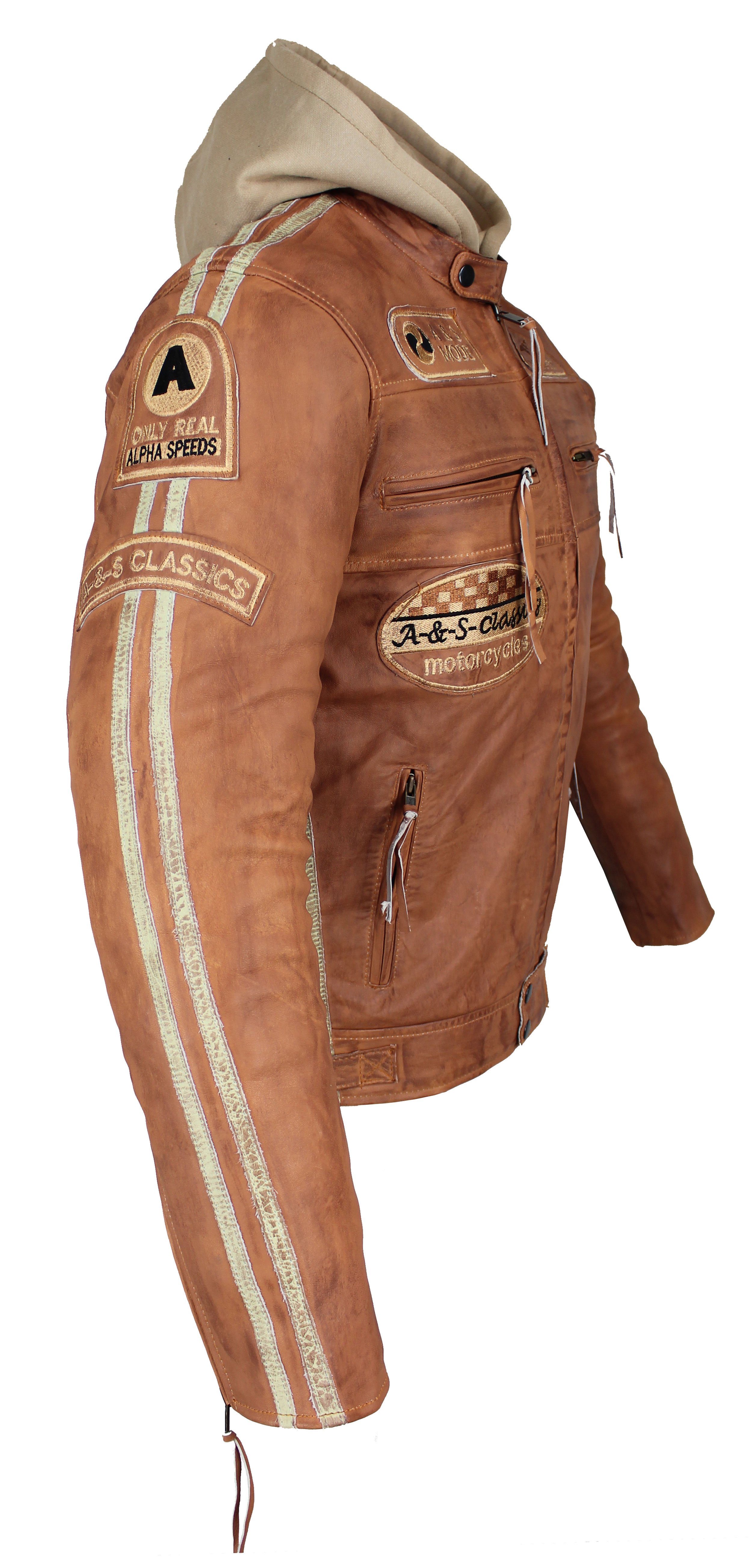 Alpha Speeds Motorradjacke Herren Leder Jacke Biker Freizeit Highway Jacke König Braun (Trennbare Innenjacke + Kapuze) aus weichem Lammleder, mit herausnehmbare – Bild 4 von 5
