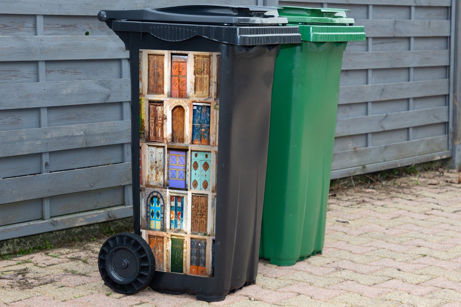 Mülleimer-aufkleber, Sticker, Abfalbehälter - Mülltonne, (1 Collage Vintage Wandsticker - MuchoWow Architektur Container, Türen - St),