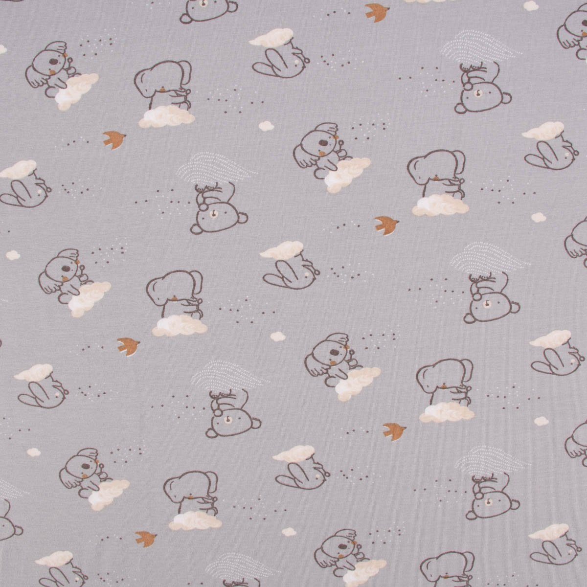 Thumbnail - SCHÖNER LEBEN. Stoff Baumwolljersey Jersey DOUCHOU Hase Bär Wolken grau braun beige 1,45m, allergikergeeignet