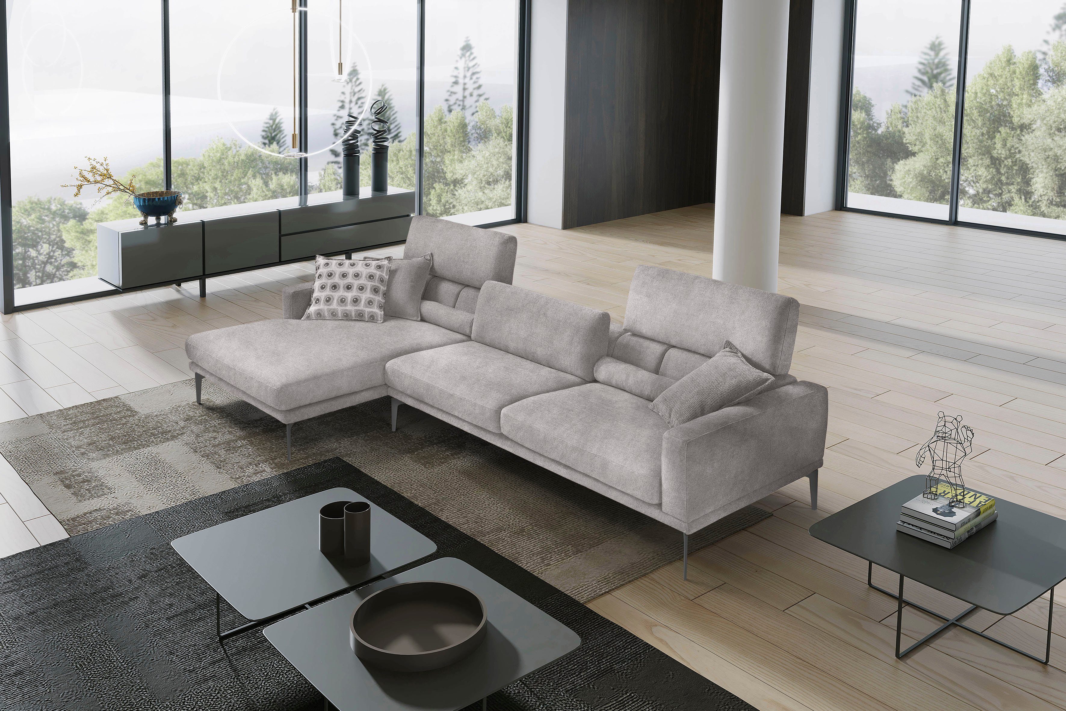 Egoitaliano Ecksofa Masu, Design trifft sensationellen Sitzkomfort, Breite 277cm, L-Form, inkl. 2 Kissenrollen, Rückenelemente manuell verstellbar, Metallfüße