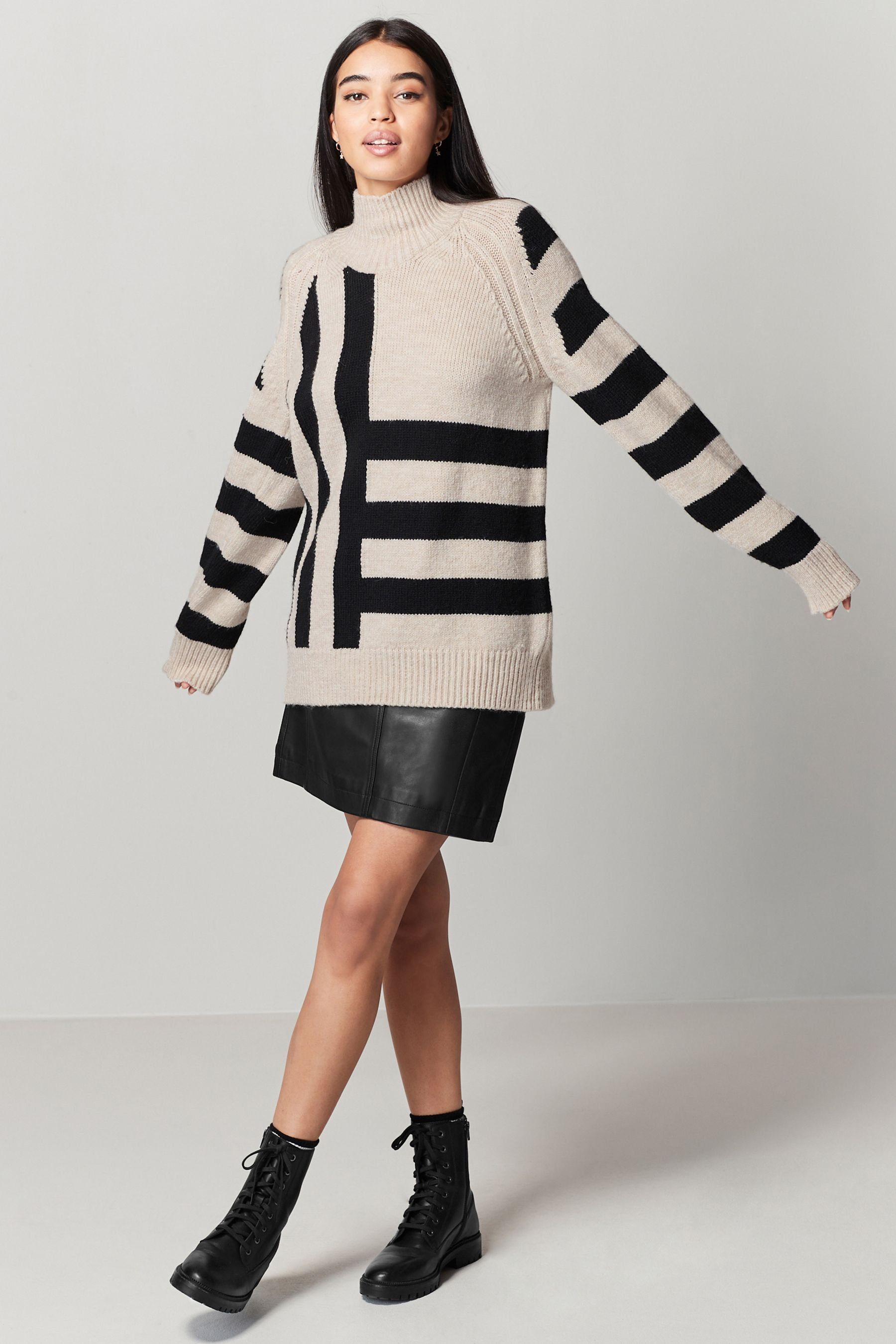 Next Ecru Black Stehkragen mit Pullover (1-tlg) with Stripes Langer Stehkragenpullover Cream